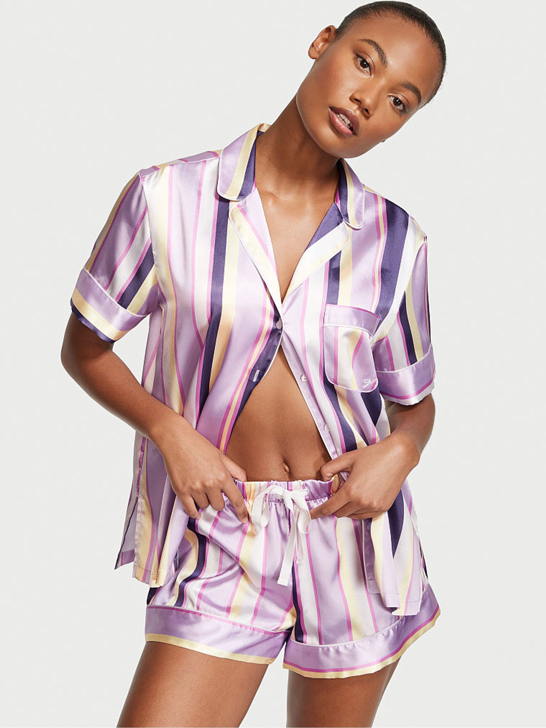 Sachet Happy Stripe Purple Satin Short Pyjamas - Image 1 of 3