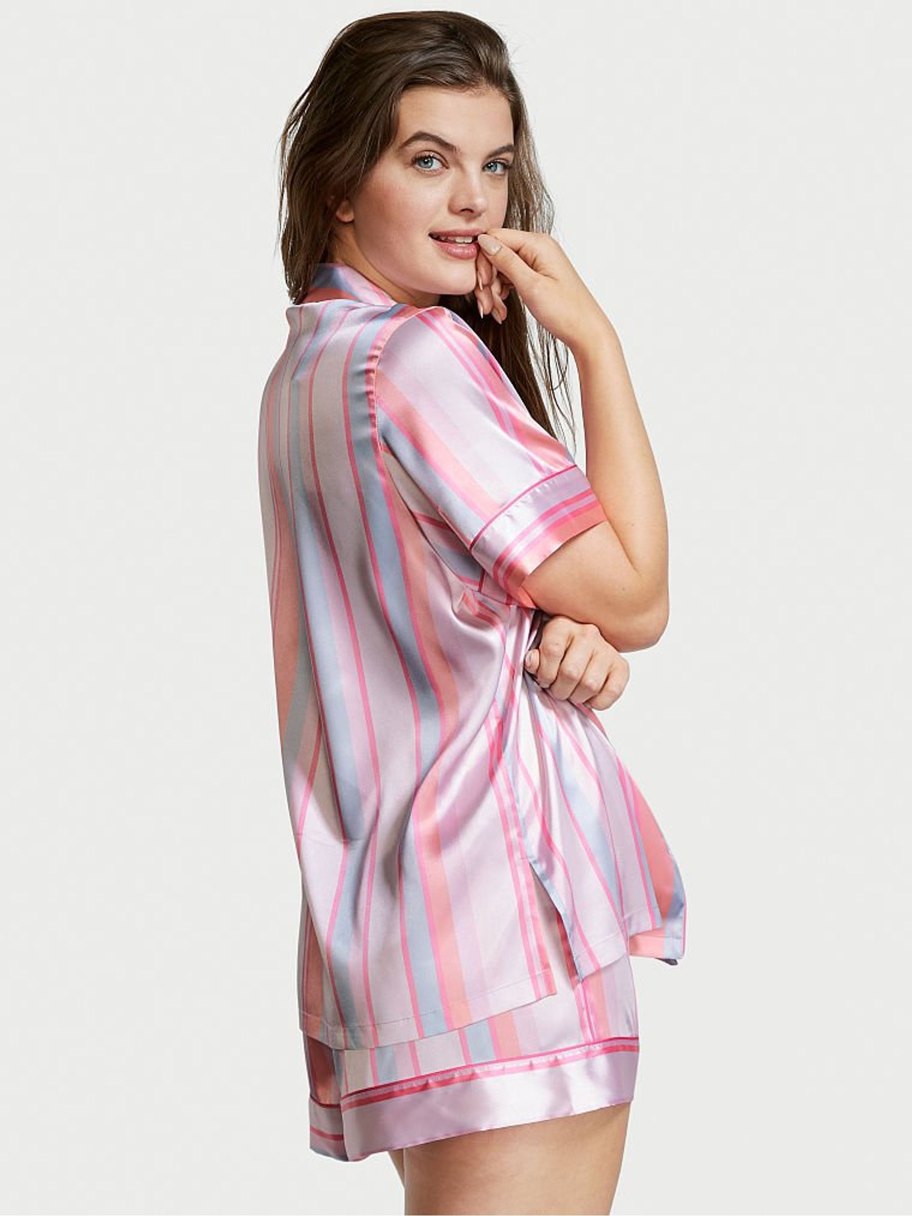 Pink Purple Stripe Satin Short Pyjamas - Image 2 of 4