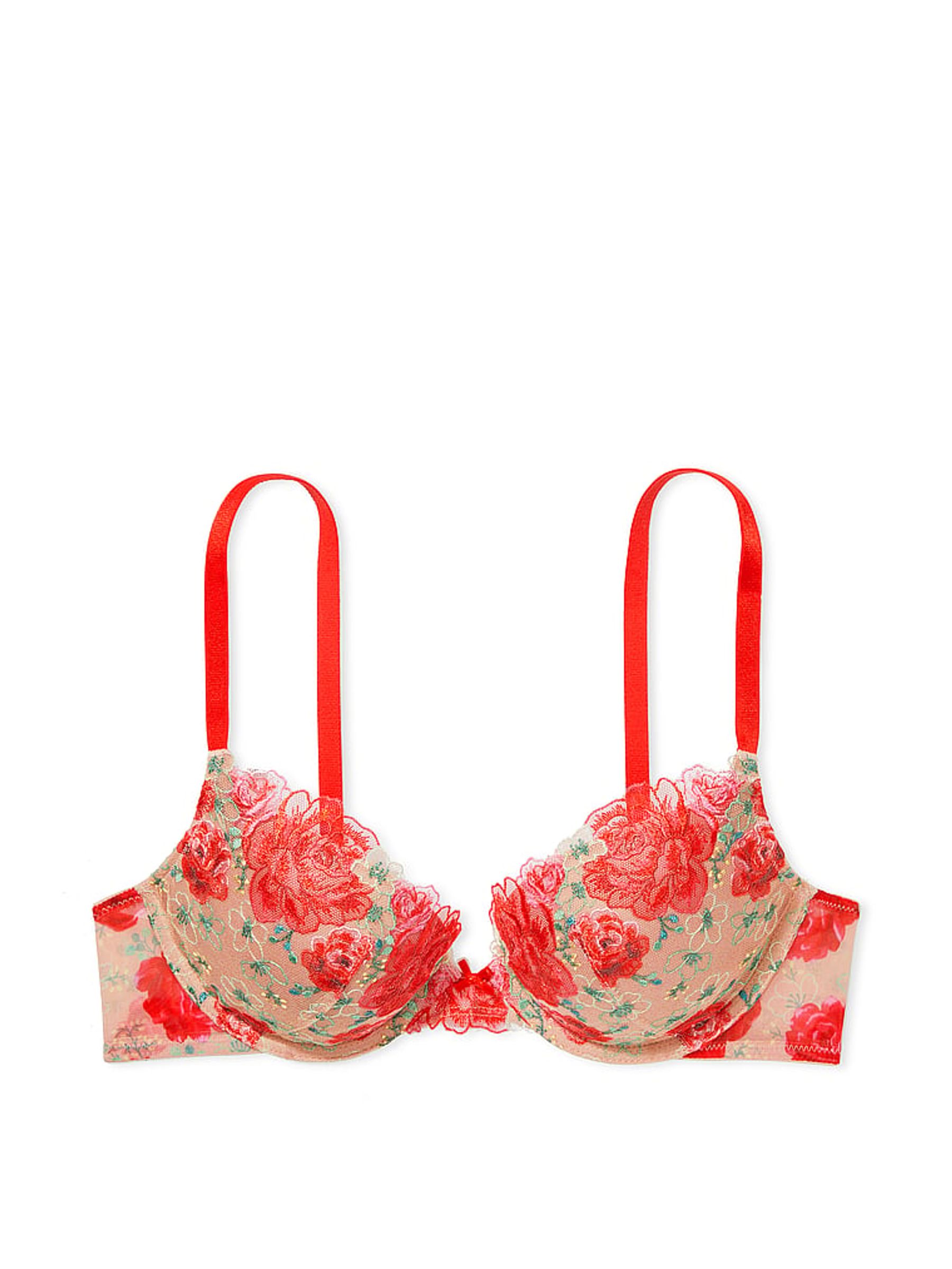 Tomato Red Embroidered Illuminating Blooms Push Up Bra - Image 1 of 2