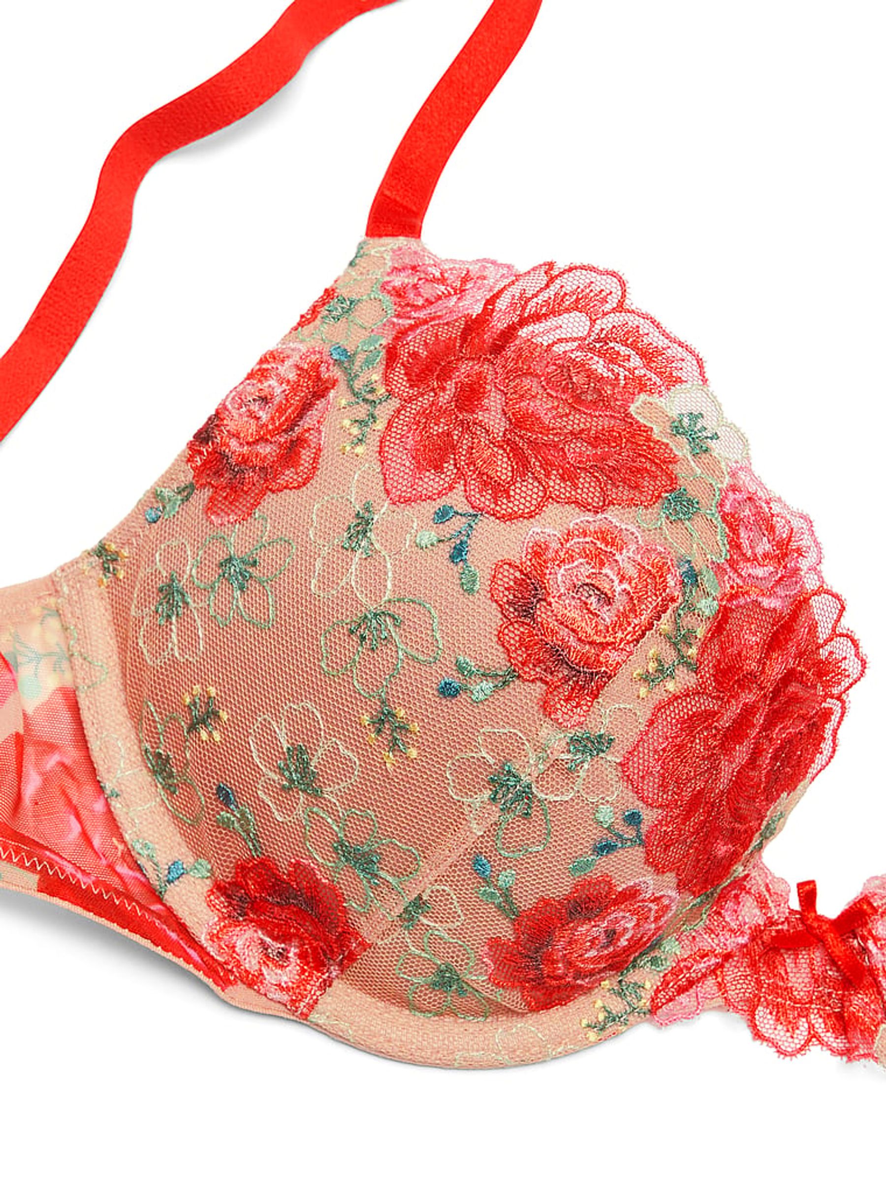 Tomato Red Embroidered Illuminating Blooms Push Up Bra - Image 2 of 2
