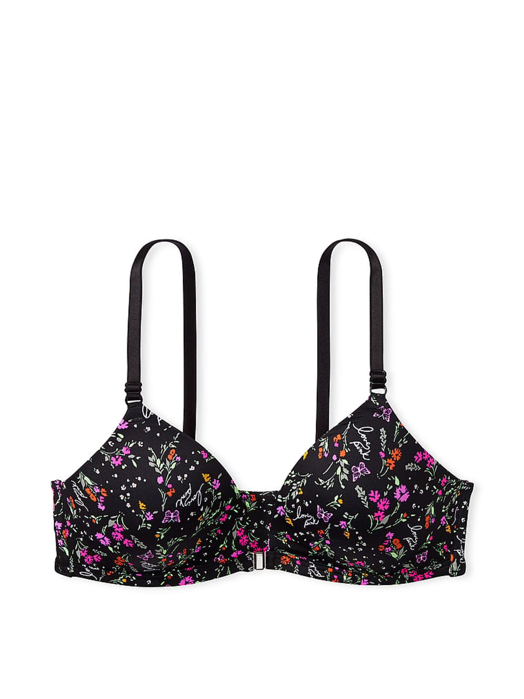 Pure Black Floral Non Wired Lightly Lined Front Close Bra - Image 1 of 1