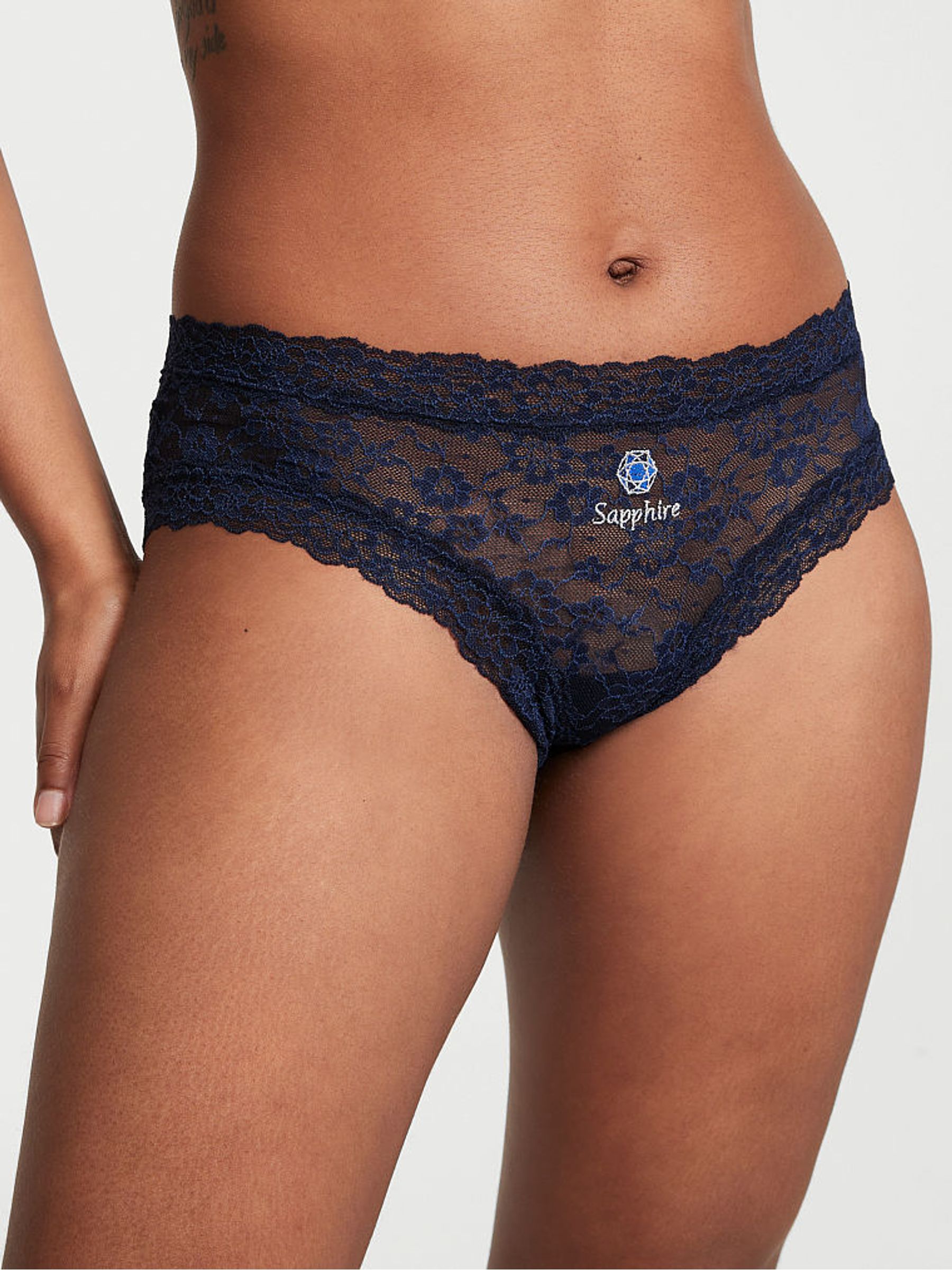 Noir Navy Blue Birthstone Embroidery Cheeky Lace Knickers - Image 1 of 1