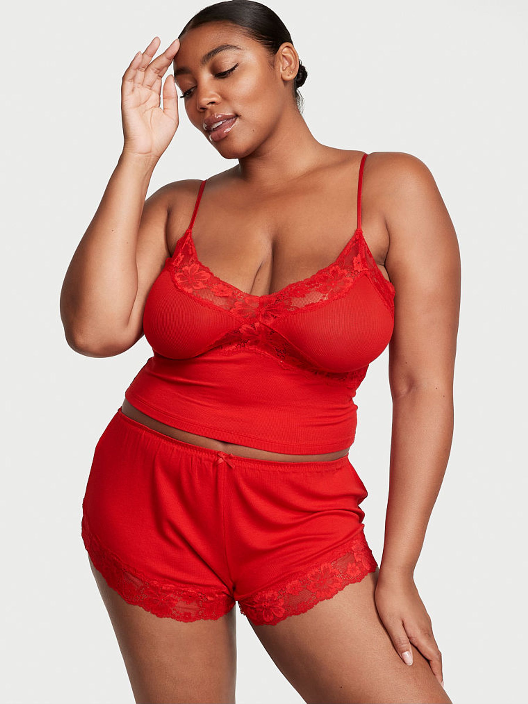 Lipstick Red Modal Ribbed Cami Set - Image 1 of 3