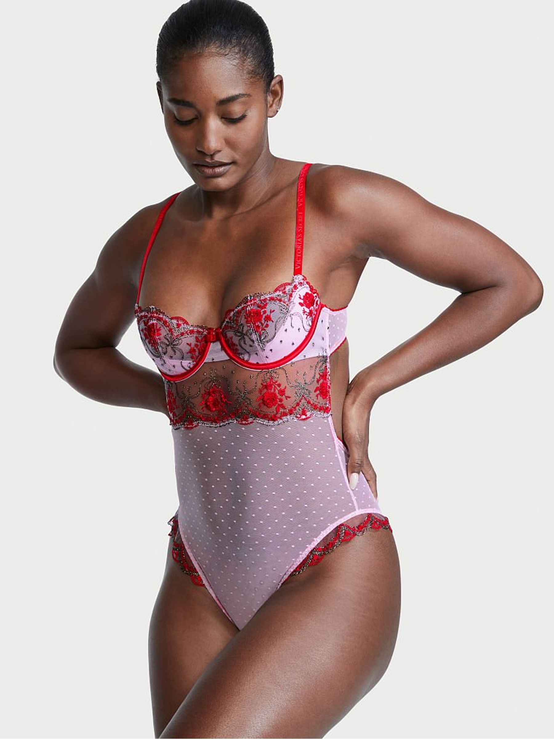 Lipstick Red Embroidered Unlined Balcony Bodysuit - Image 1 of 3