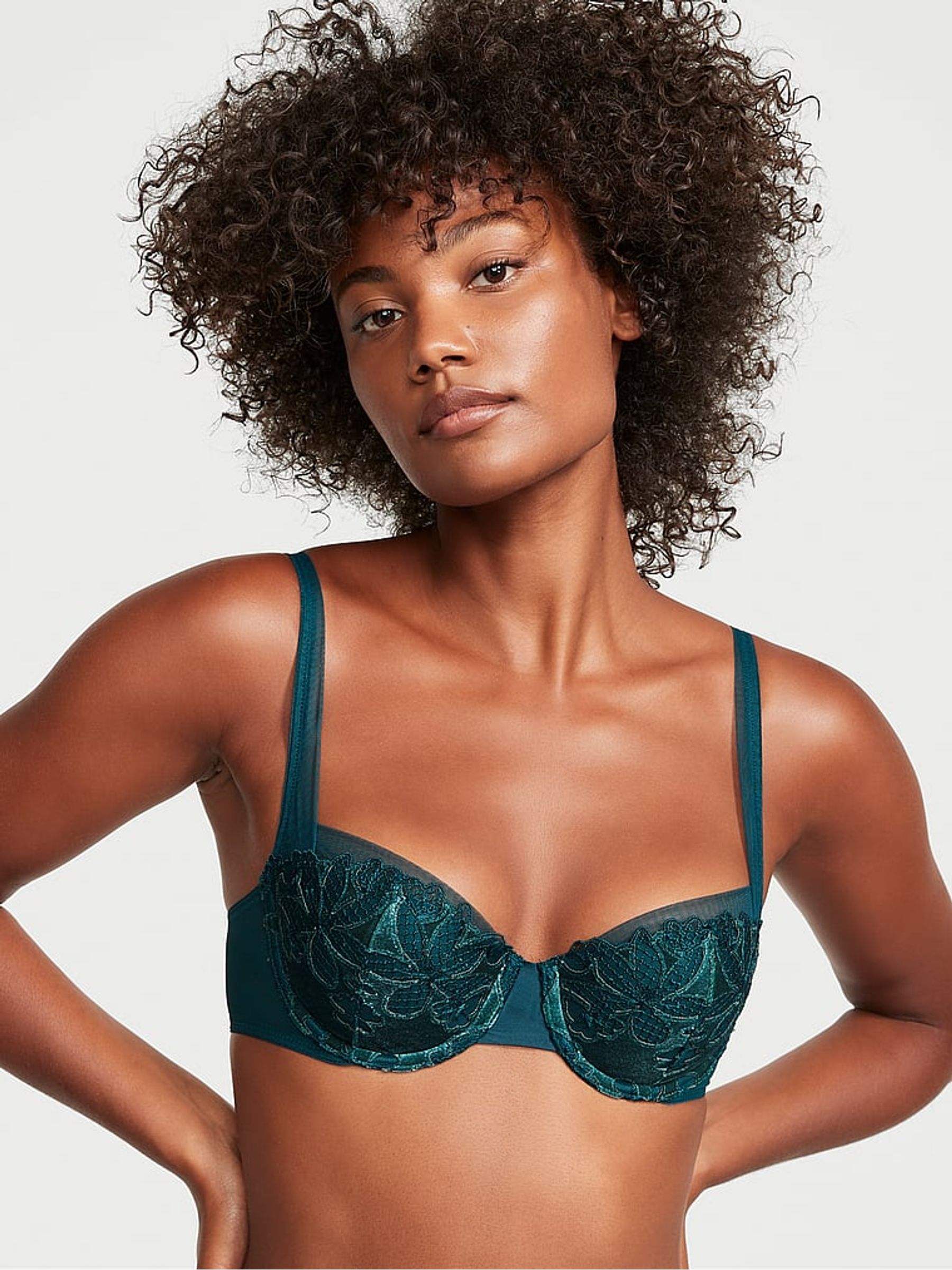 Black Ivy Green Satin Fishnet Floral Balcony Bra - Image 1 of 3