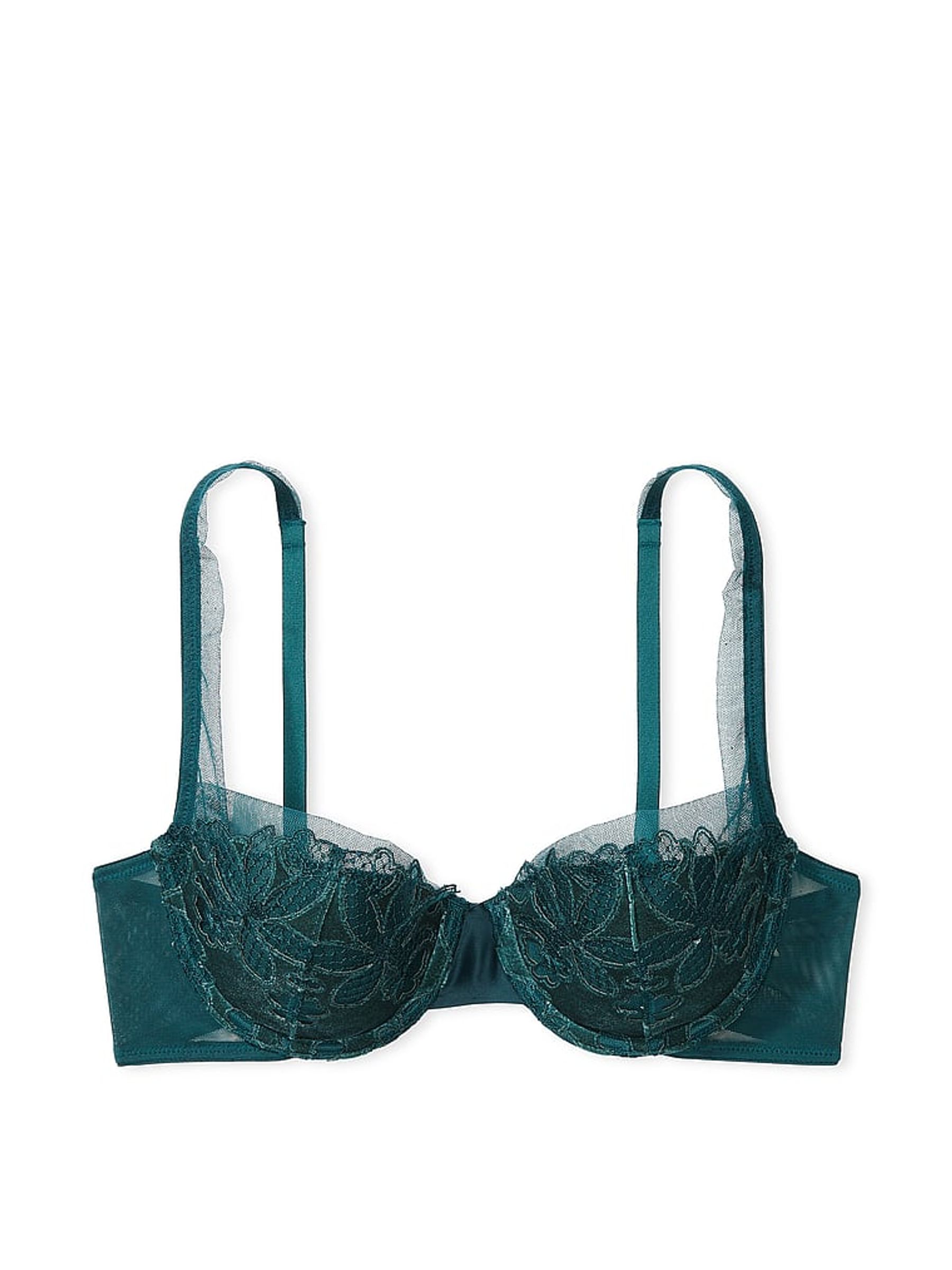 Black Ivy Green Satin Fishnet Floral Balcony Bra - Image 3 of 3