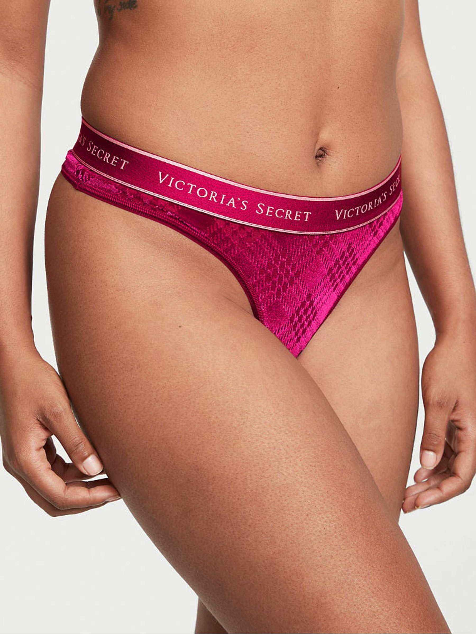 Claret Red Festive Tartan Thong Logo Knickers - Image 1 of 3