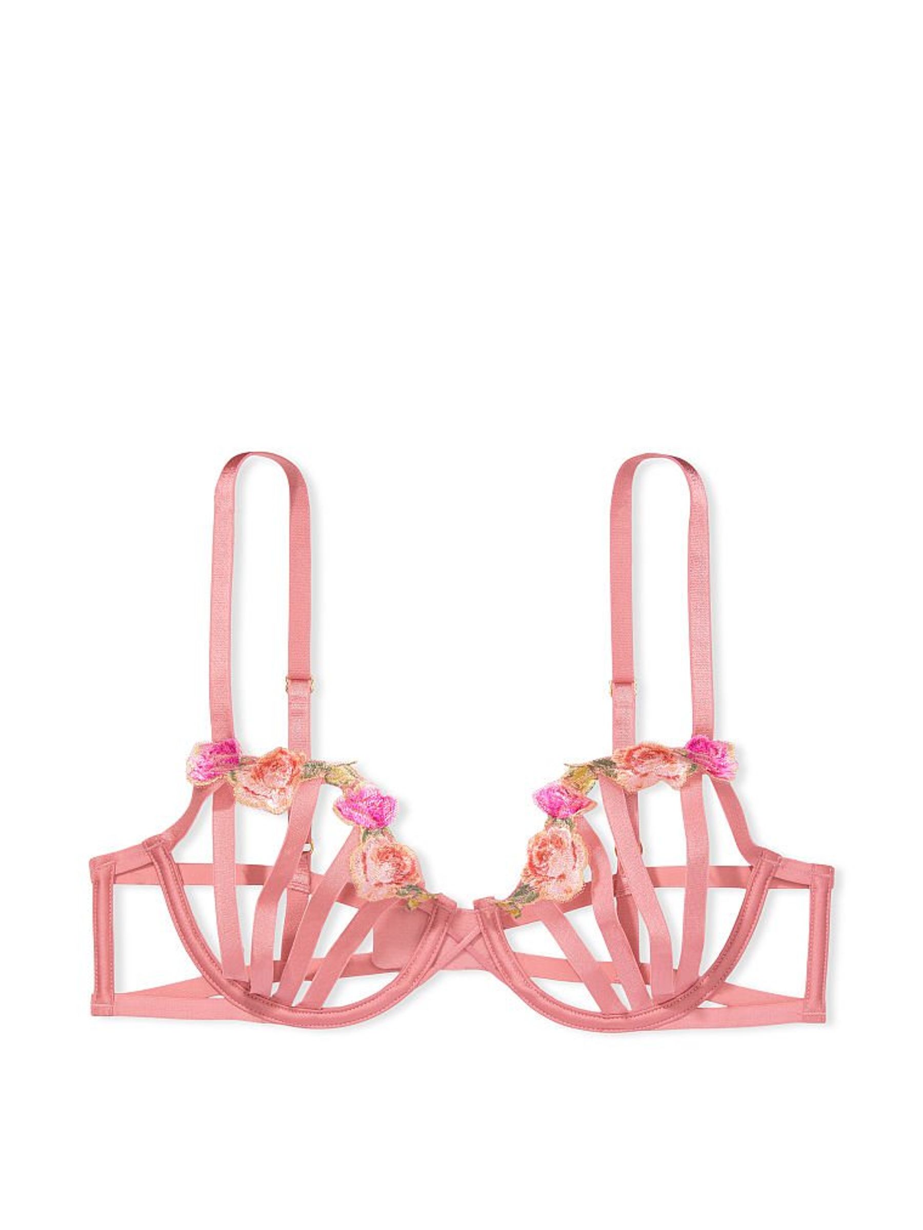 Dusty Rose Pink Rose Embroidered Open Cup Balconette Bra - Image 3 of 4