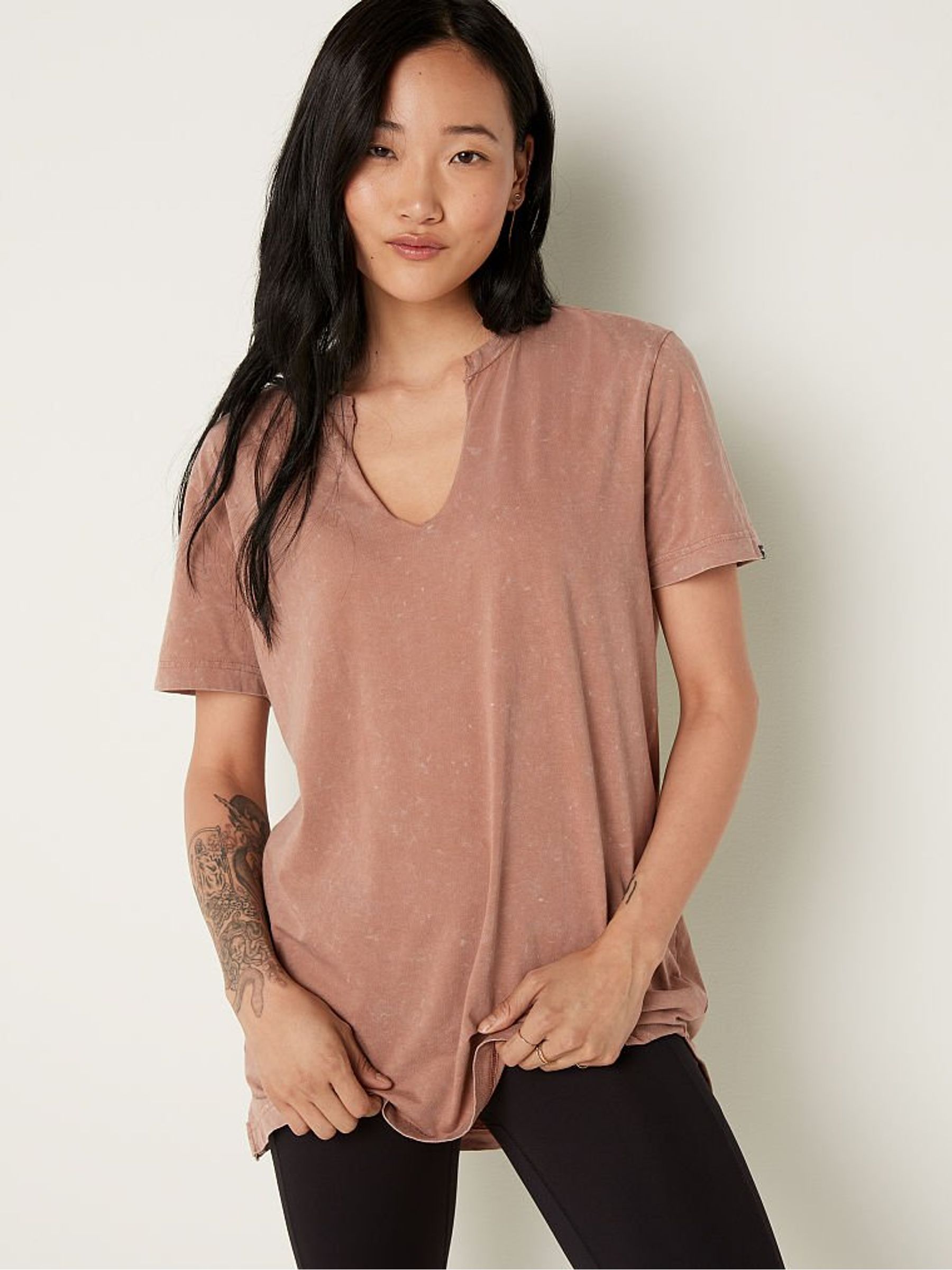 Stucco Beige Campus Short Sleeve Notch Neck T-Shirt - Image 1 of 4