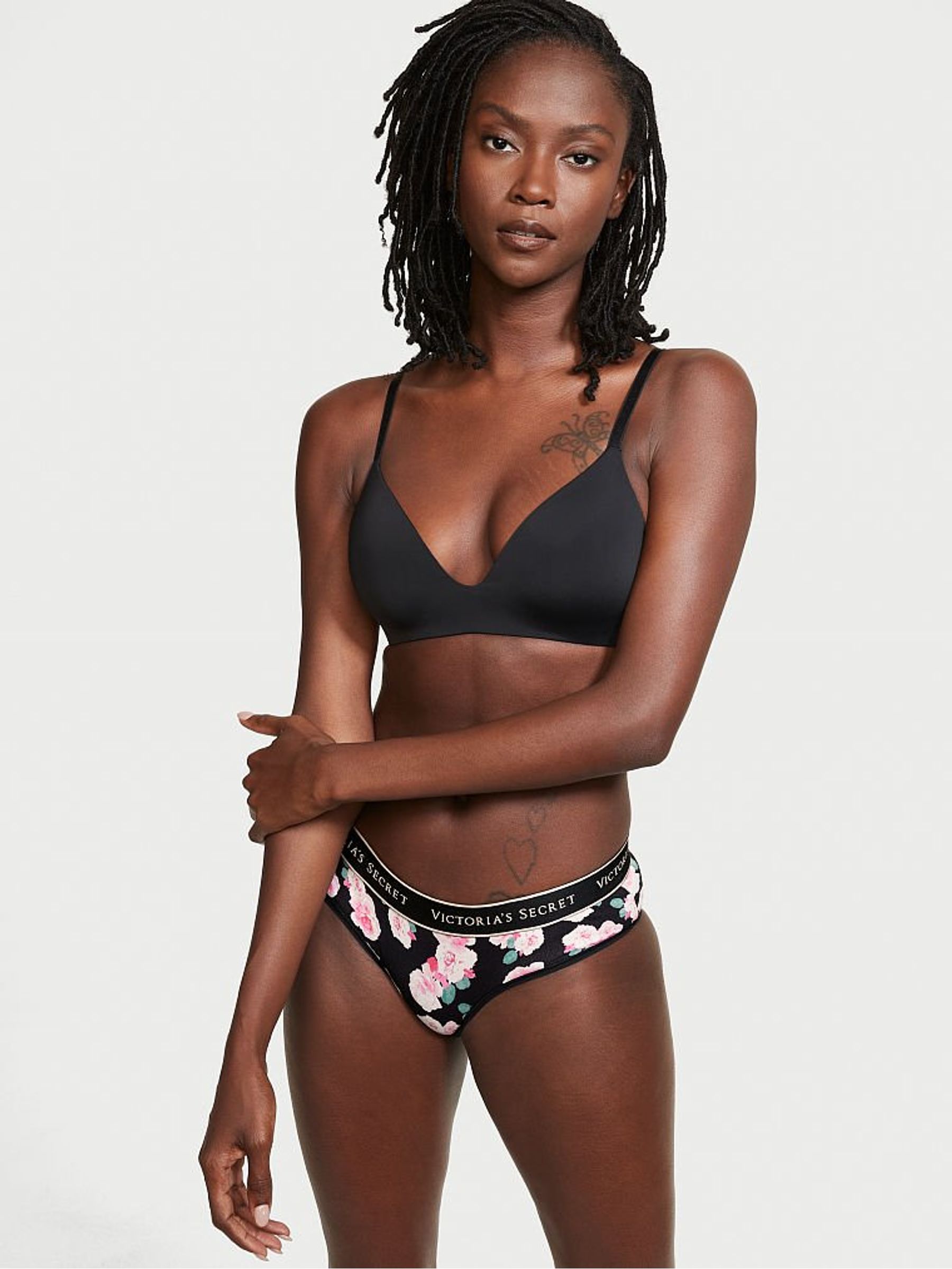 Black/ Pink Floral Victoria's Secret Logo Waist Hipster Panty - Image 1 of 3
