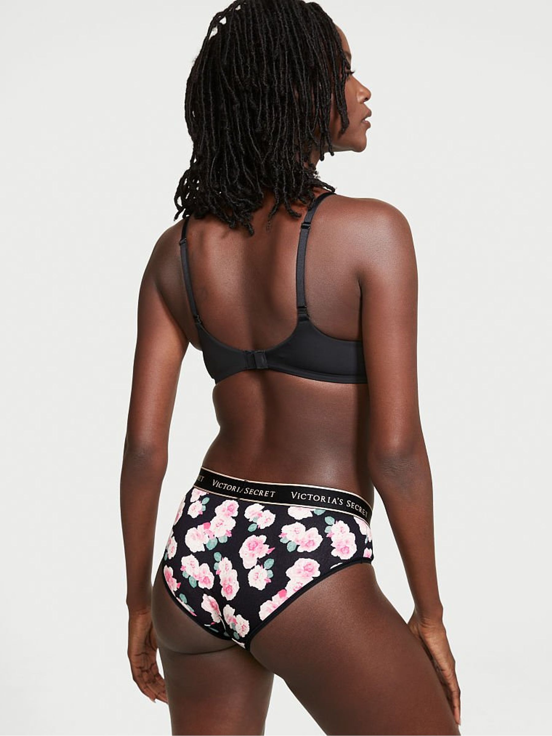 Black/ Pink Floral Victoria's Secret Logo Waist Hipster Panty - Image 2 of 3