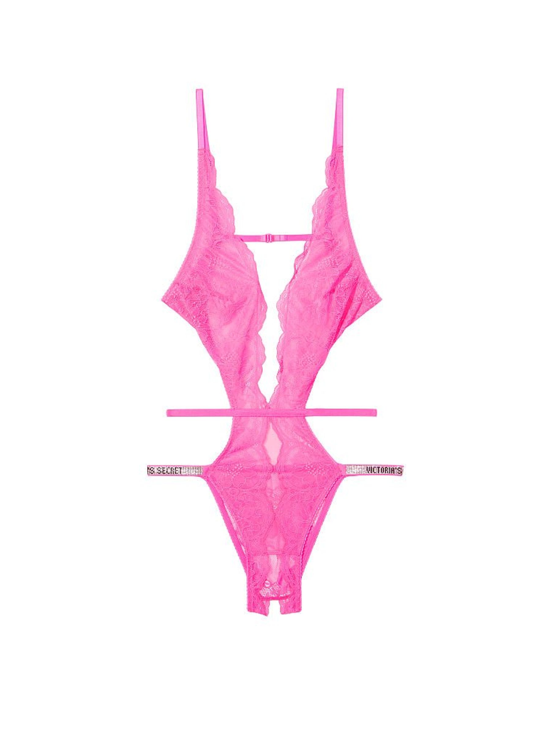 Post It Pink Unlined Lace Shine Strap Crotchless Bodysuit - Image 3 of 3