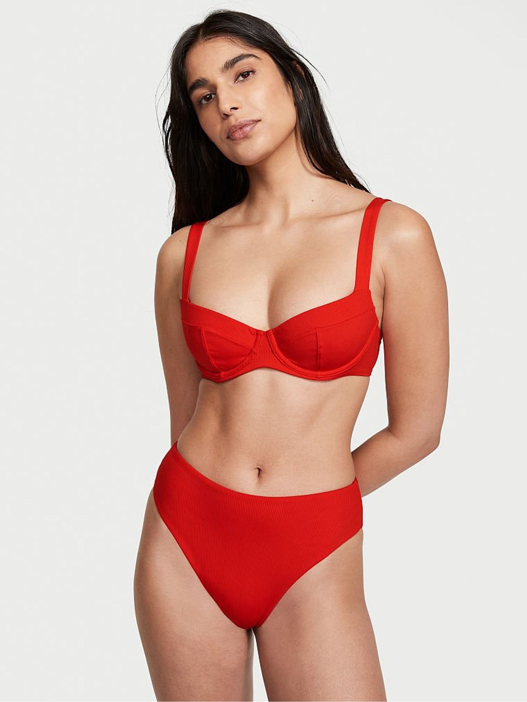 Flame Red Essential Ribbed High Rise Cheeky Swim Bottom - Image 1 of 4