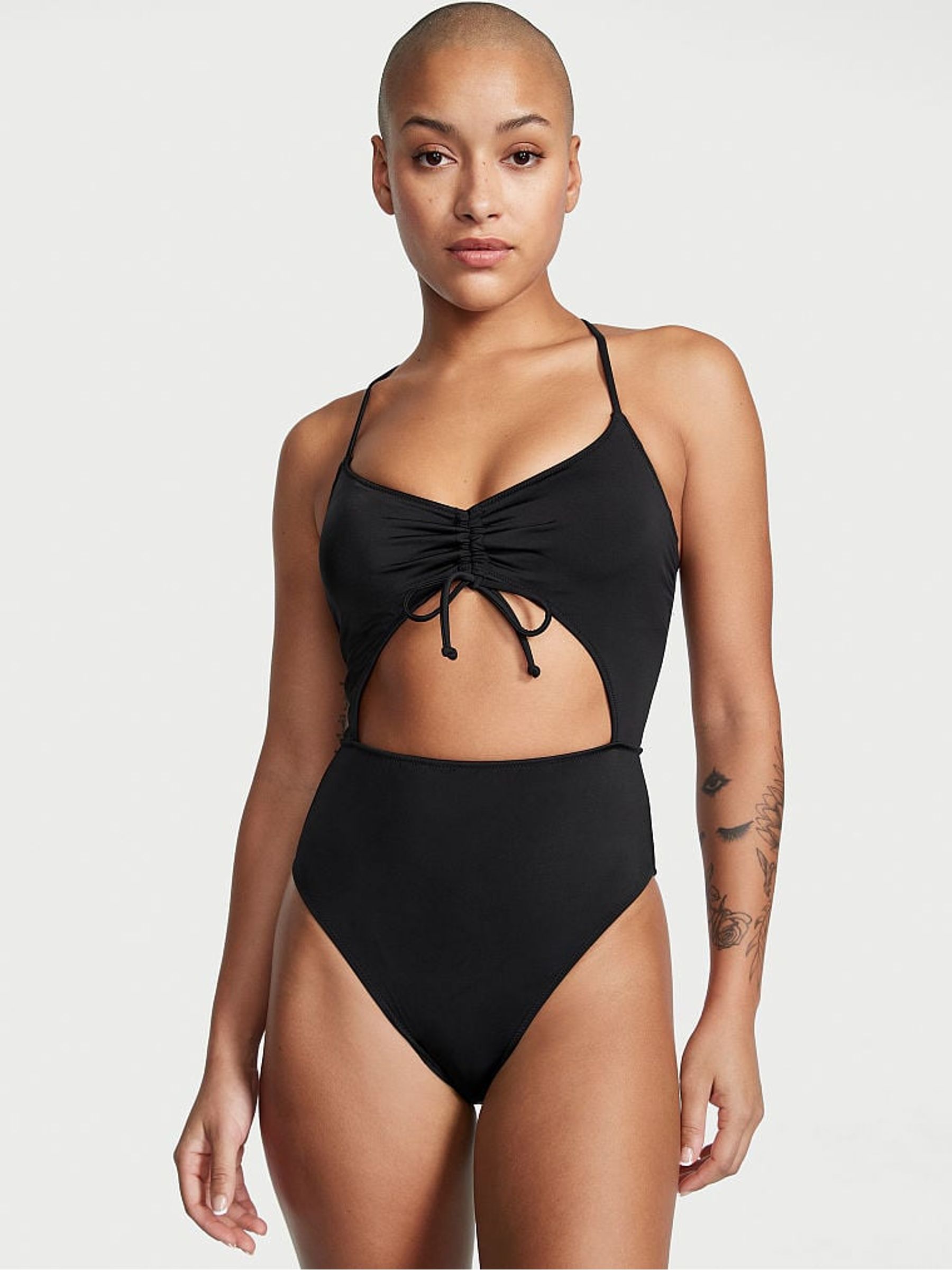 Black Shine Ruched Shine Cut Out One Piece Swimsuit - Image 1 of 3