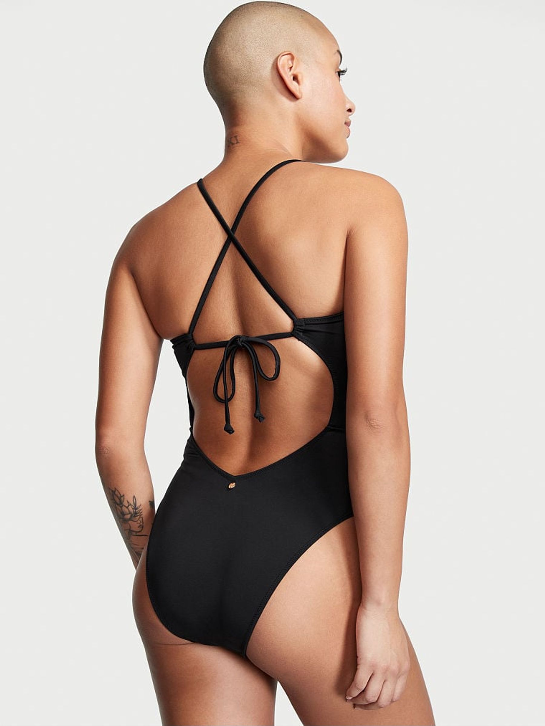 Black Shine Ruched Shine Cut Out One Piece Swimsuit - Image 2 of 3