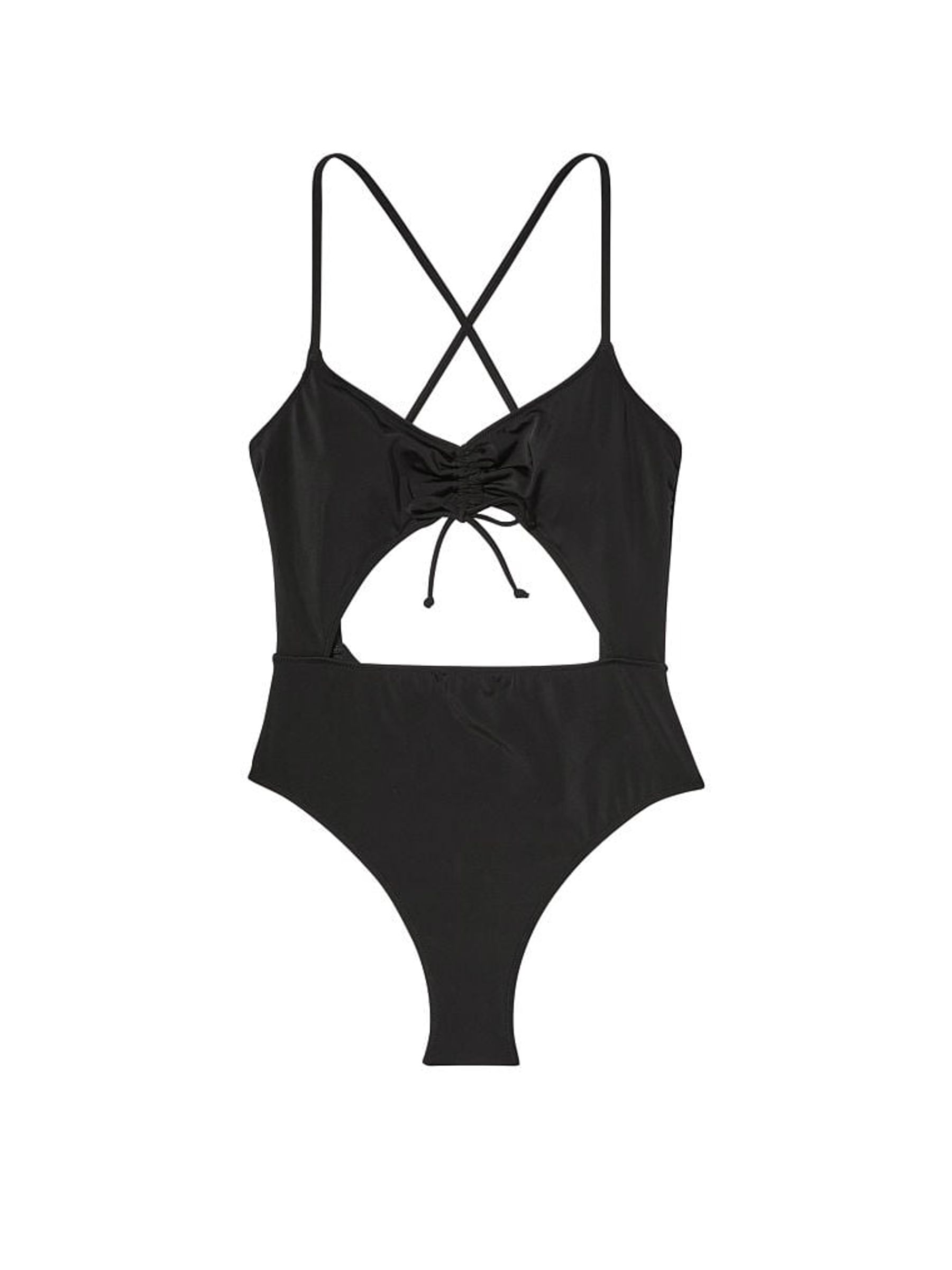 Black Shine Ruched Shine Cut Out One Piece Swimsuit - Image 3 of 3
