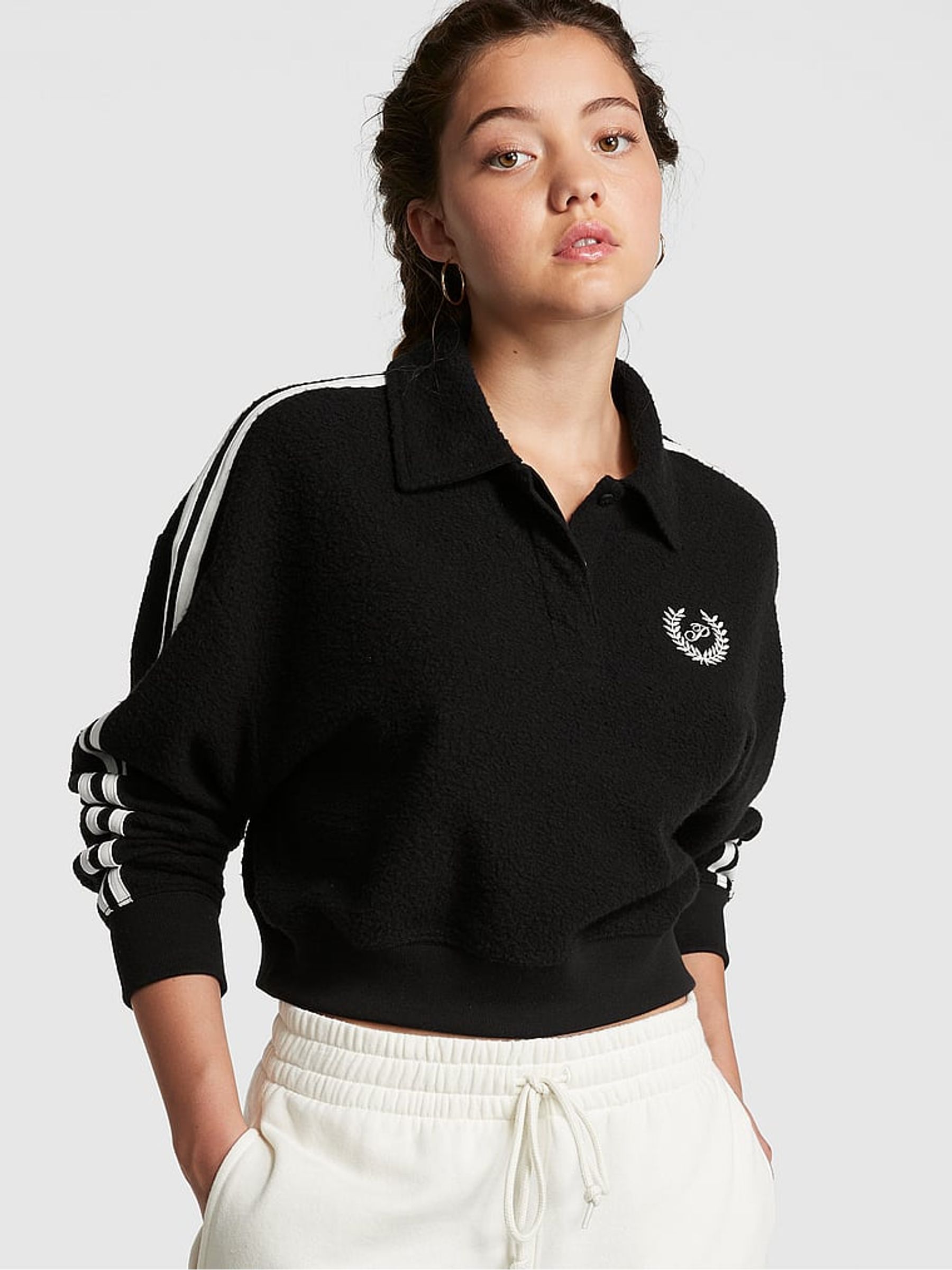 Pure Black Reverse Fleece Polo Sweatshirt | Victoria's Secret UK
