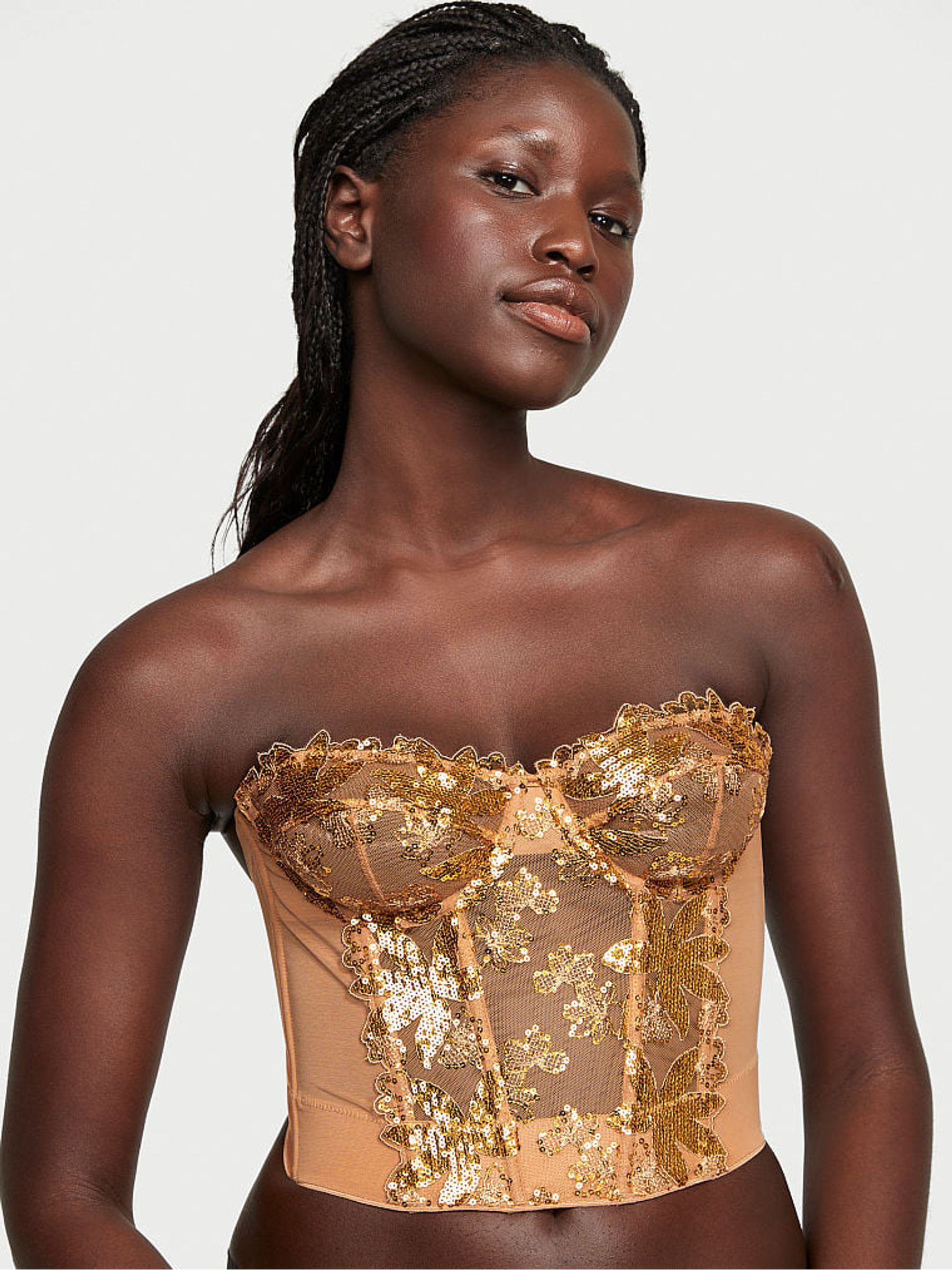 Gold Sequin Floral Embroidered Corset Bra Top - Image 1 of 4