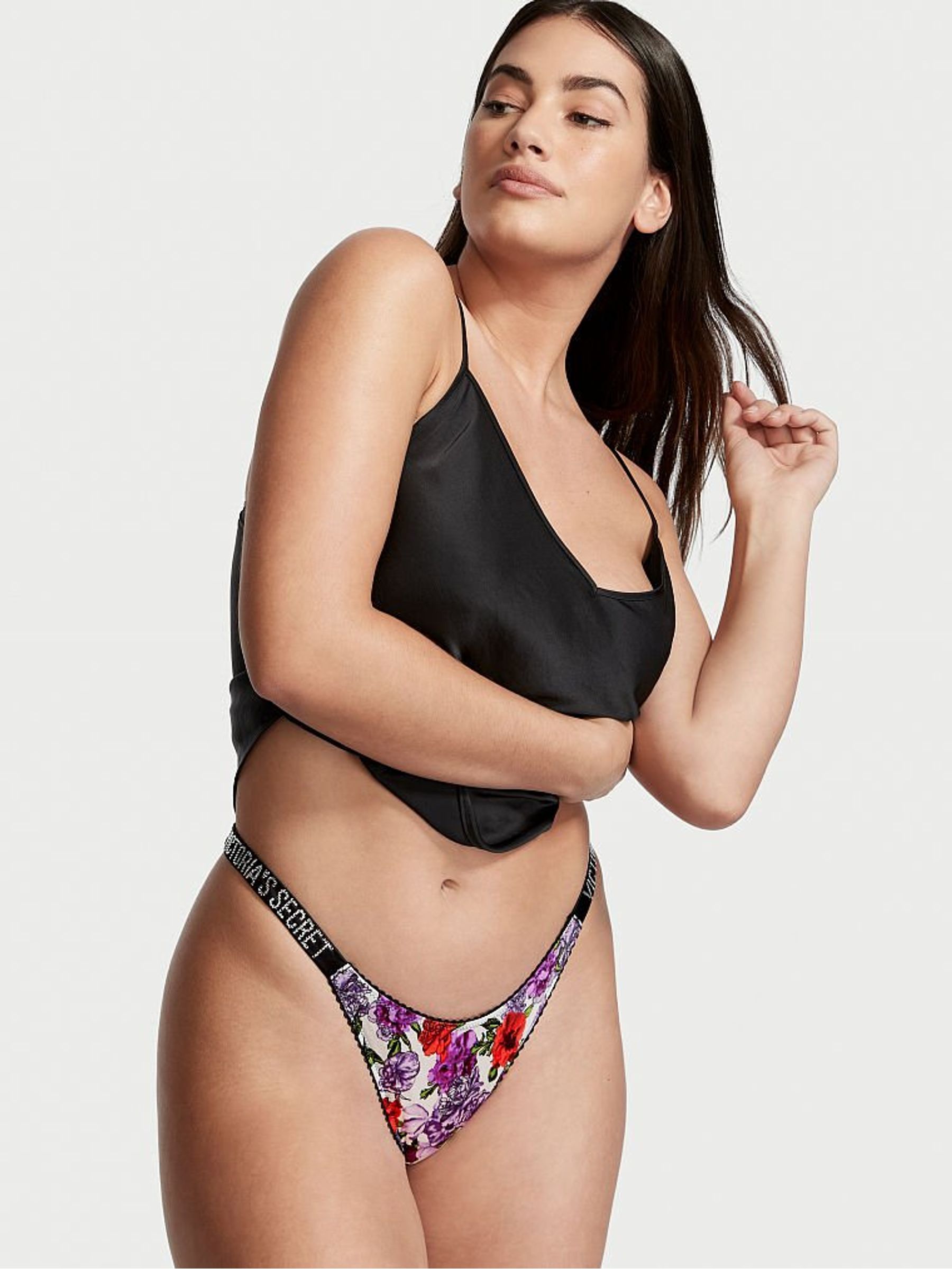 White Floral Print Logo Shine Strap Brazilian Panty with Scallop Trim - Image 1 of 1
