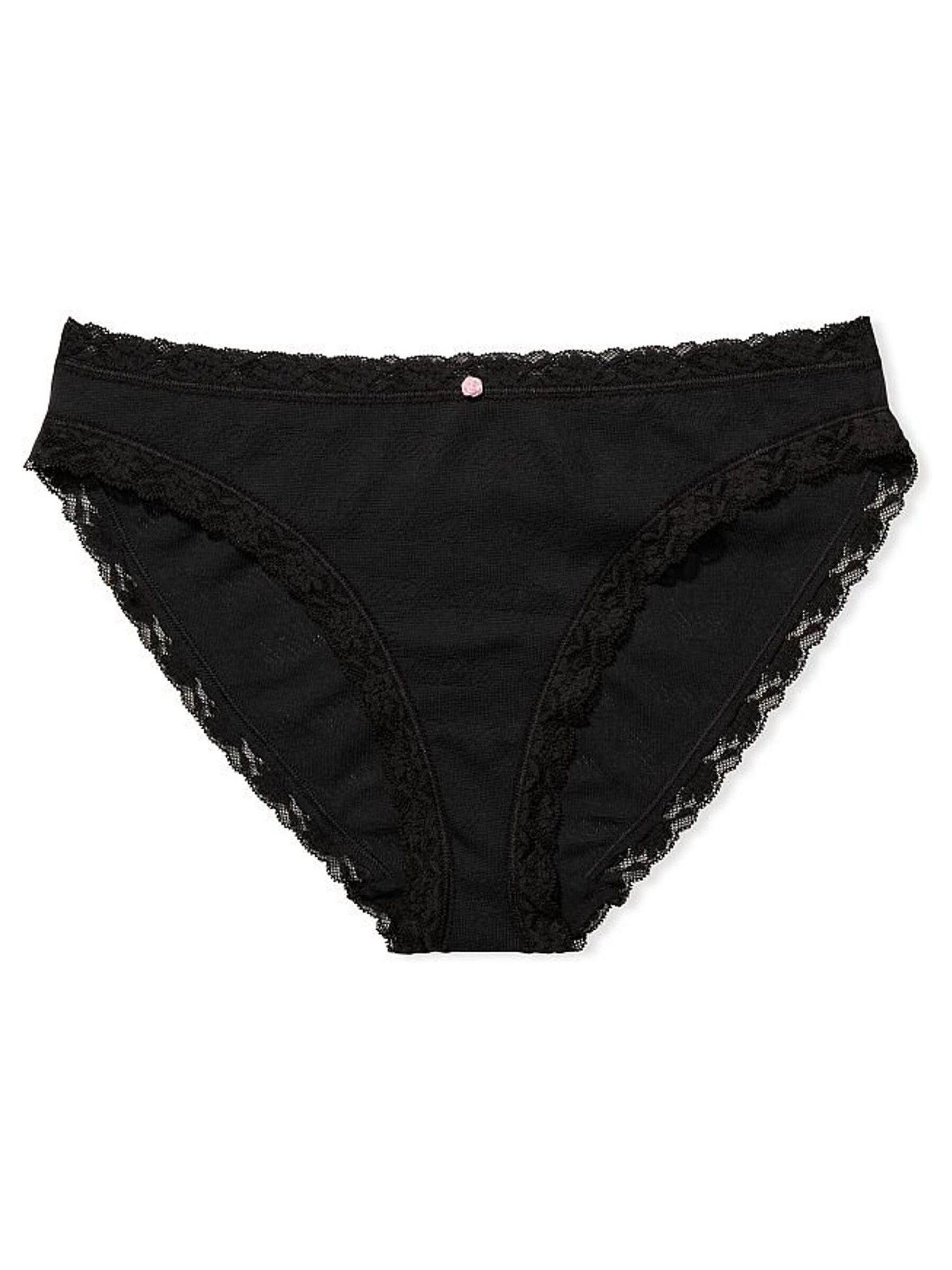 Black Pointelle Stretch Cotton Lace Trim Bikini Panty - Image 1 of 2
