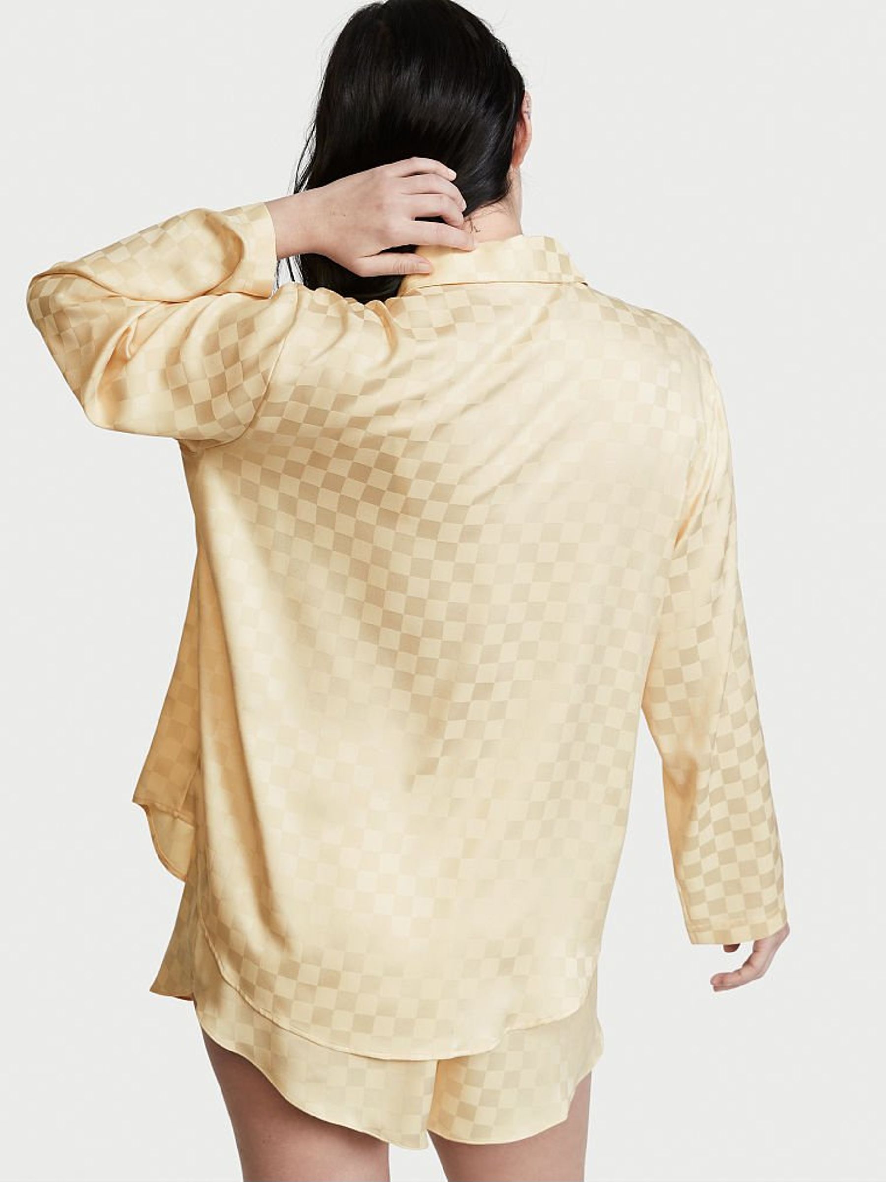 Faded Wheat Yellow Check Satin Long Sleeve Short Pyjamas - Image 2 of 3 Faded Wheat Yellow Check Satin Long Sleeve Short Pyjamas - Image 2 of 3