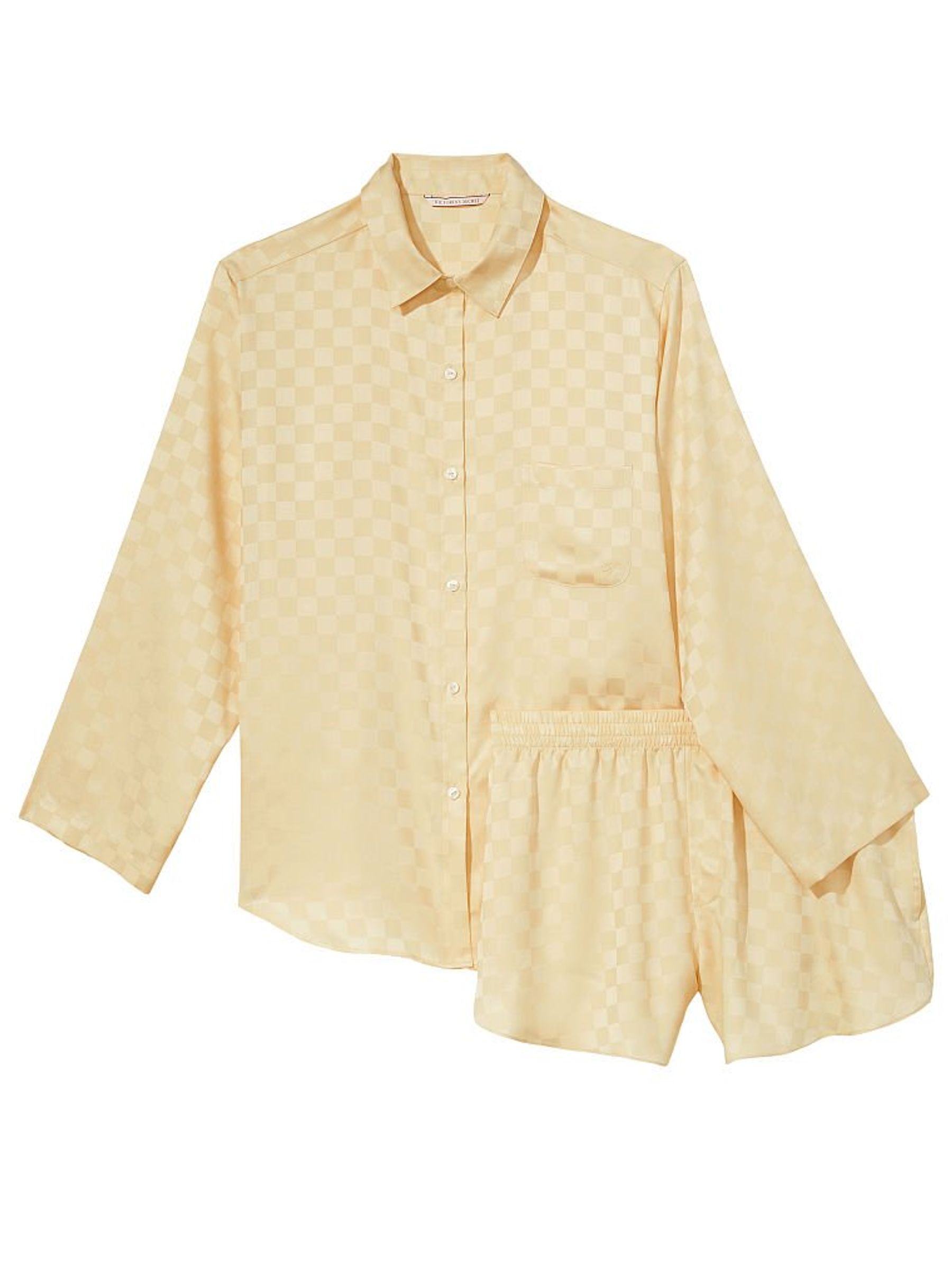 Faded Wheat Yellow Check Satin Long Sleeve Short Pyjamas - Image 3 of 3 Faded Wheat Yellow Check Satin Long Sleeve Short Pyjamas - Image 3 of 3