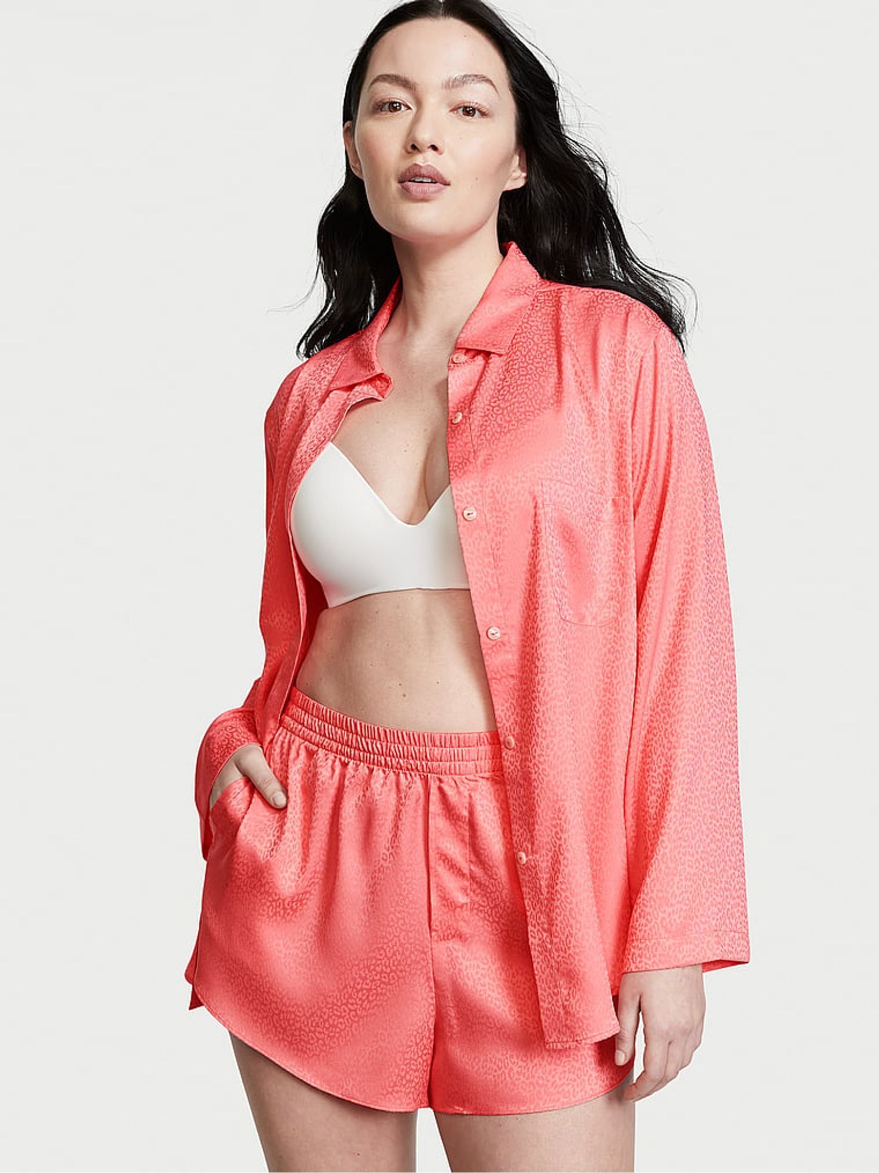 Pink Cocktail Leo Jacquard Satin Long Sleeve Short Pyjamas - Image 1 of 3