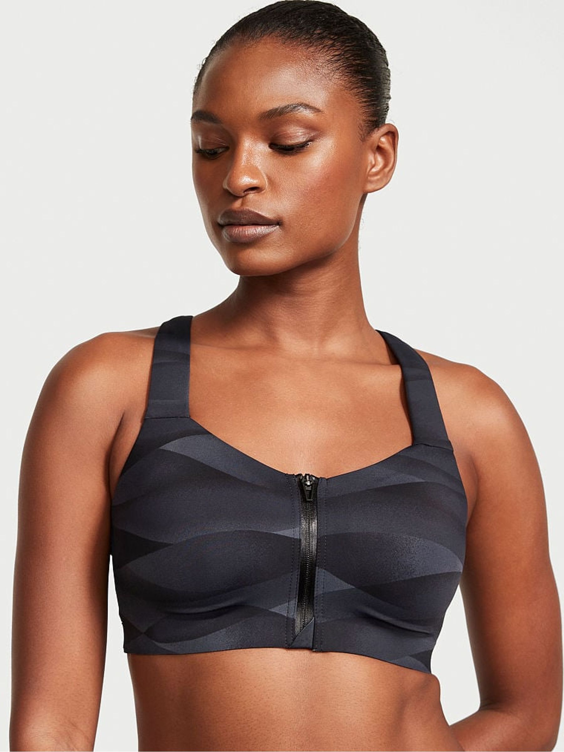 Black Grey Wave Smooth Front Fastening Wired High Impact Sports Bra - Image 1 of 4