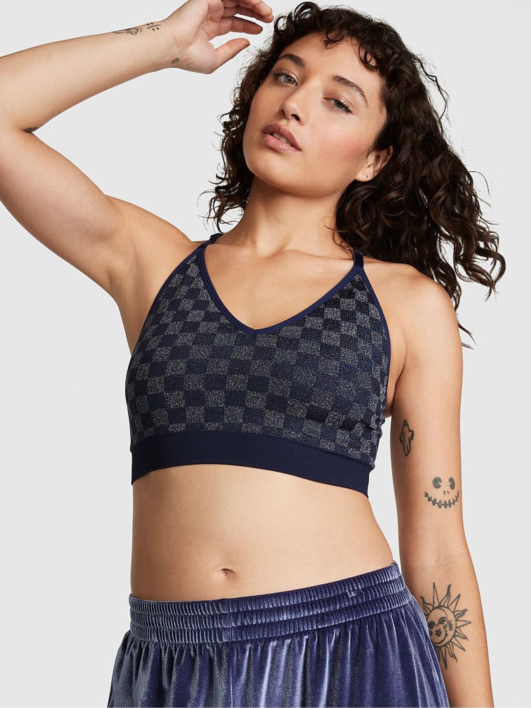 Midnight Navy Checkered Blue Non Wired Lightly Lined Seamless Sports Bra - Image 1 of 4