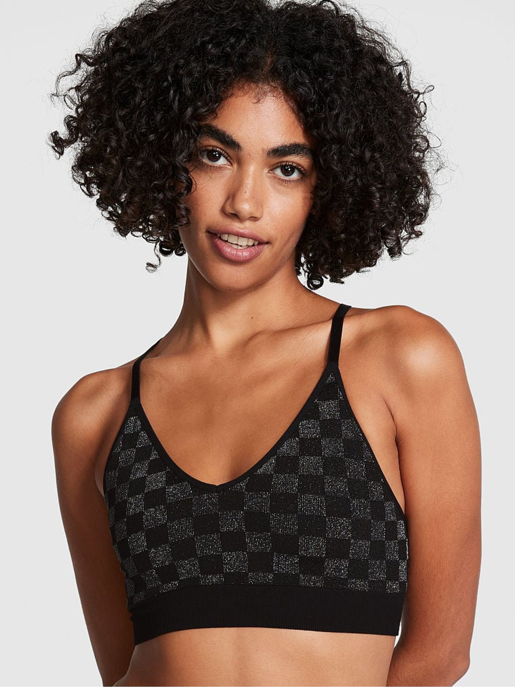 Pure Black Checkered Non Wired Lightly Lined Seamless Sports Bra - Image 1 of 4