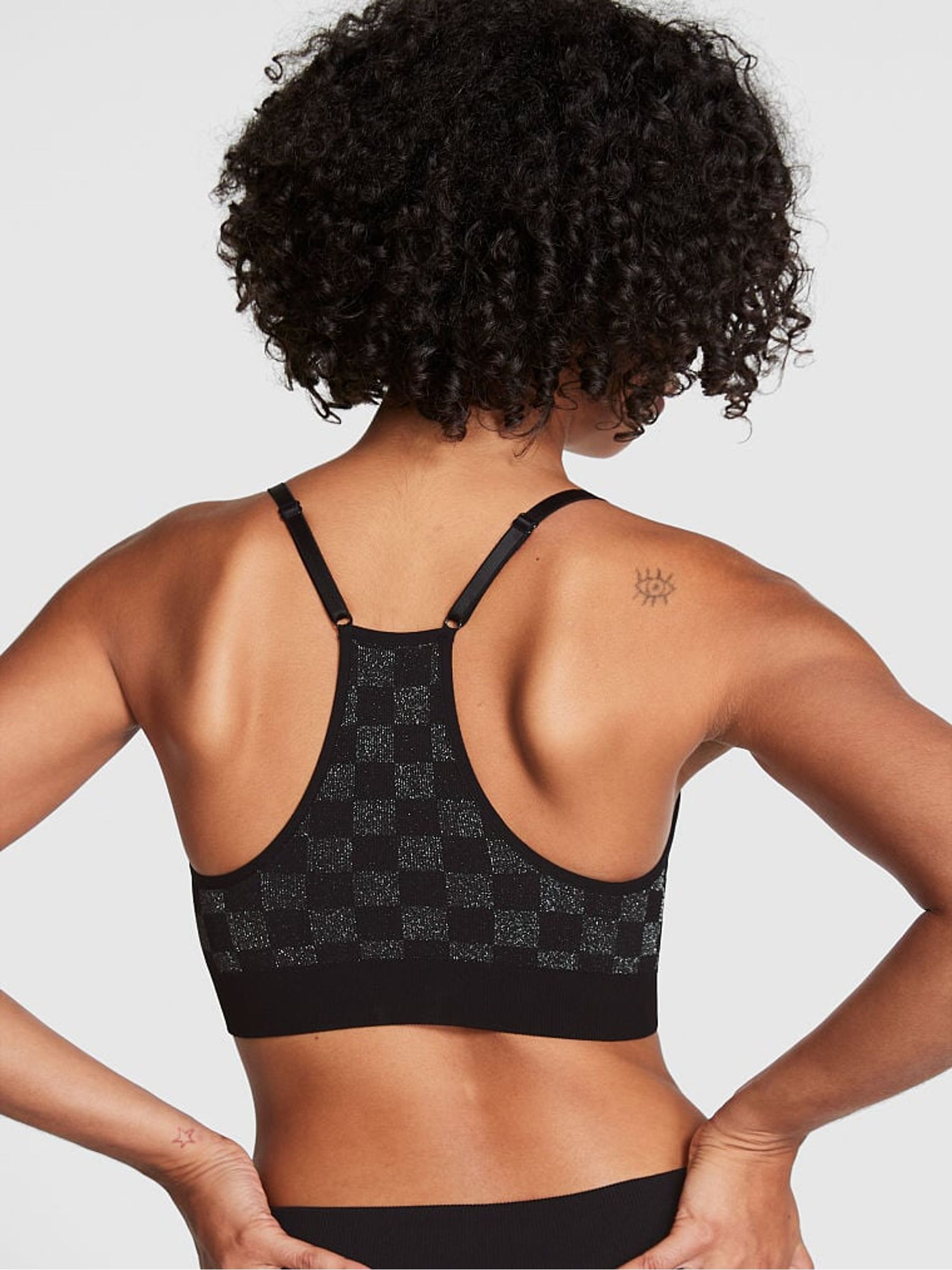 Pure Black Checkered Non Wired Lightly Lined Seamless Sports Bra - Image 2 of 4