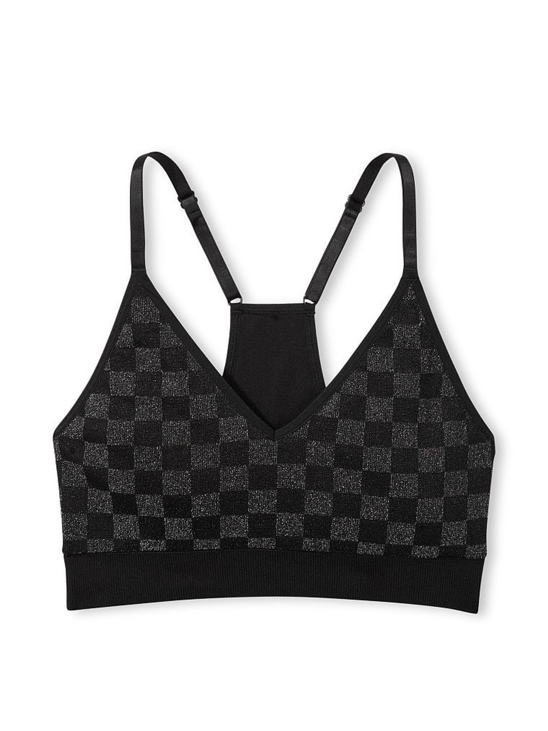 Pure Black Checkered Non Wired Lightly Lined Seamless Sports Bra - Image 4 of 4