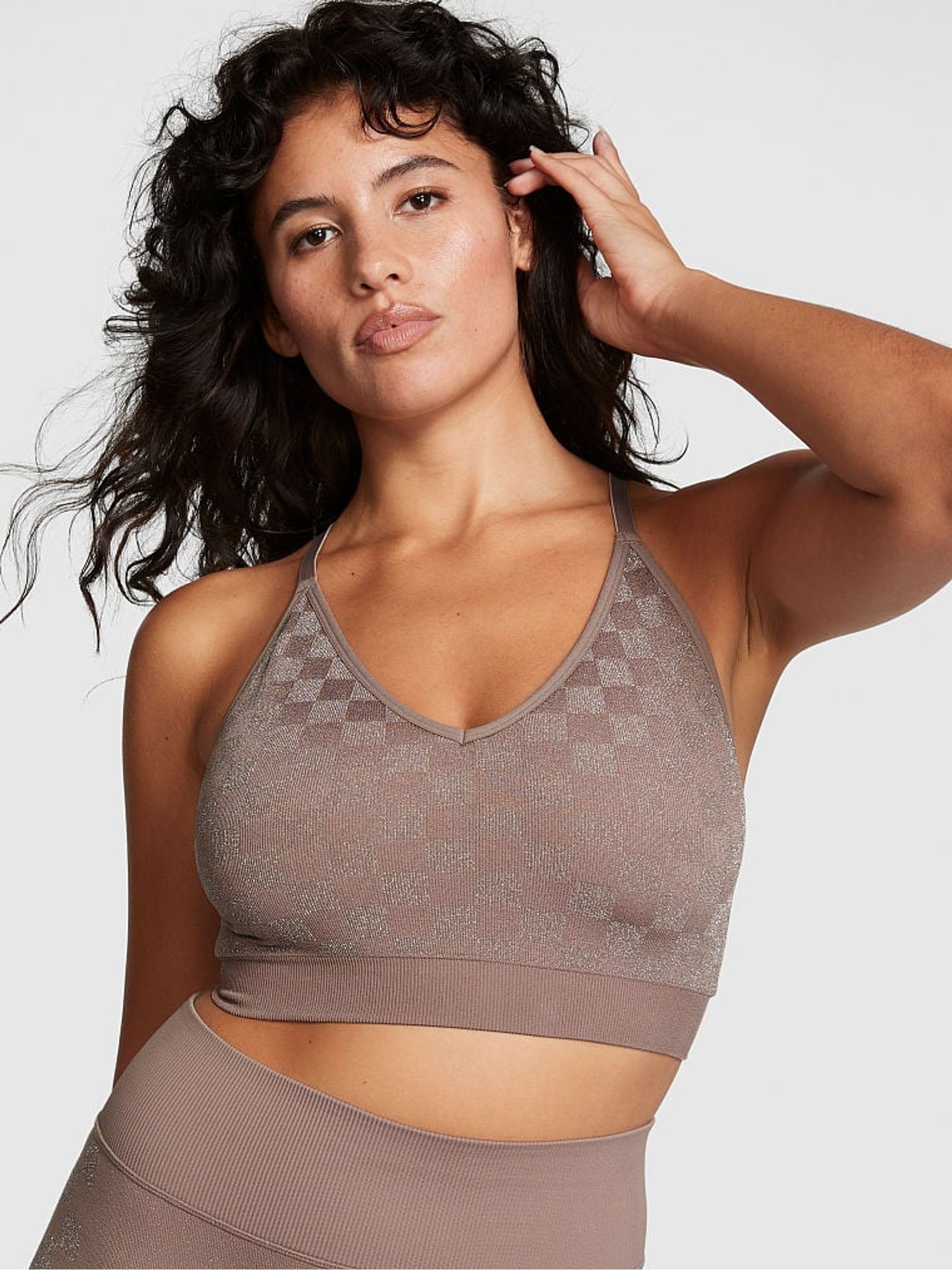 Iced Coffee Checkered Brown Non Wired Lightly Lined Seamless Sports Bra - Image 1 of 4