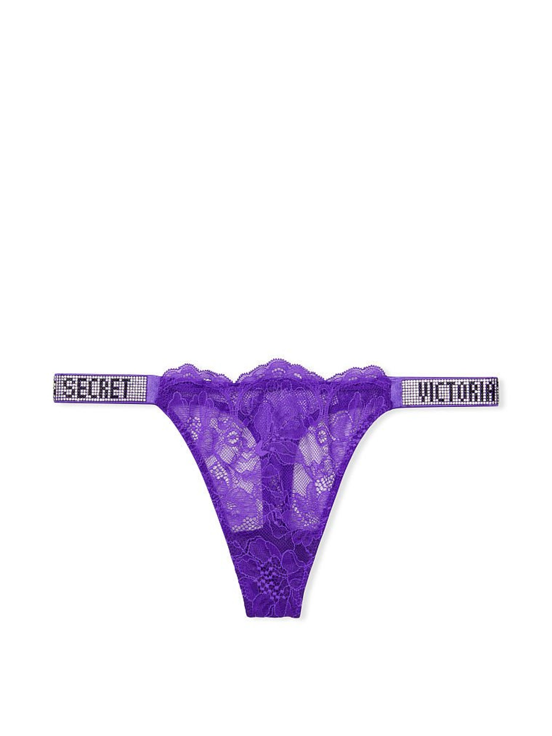 Bright Violet Purple Lace Shine Strap Thong Panty - Image 3 of 4