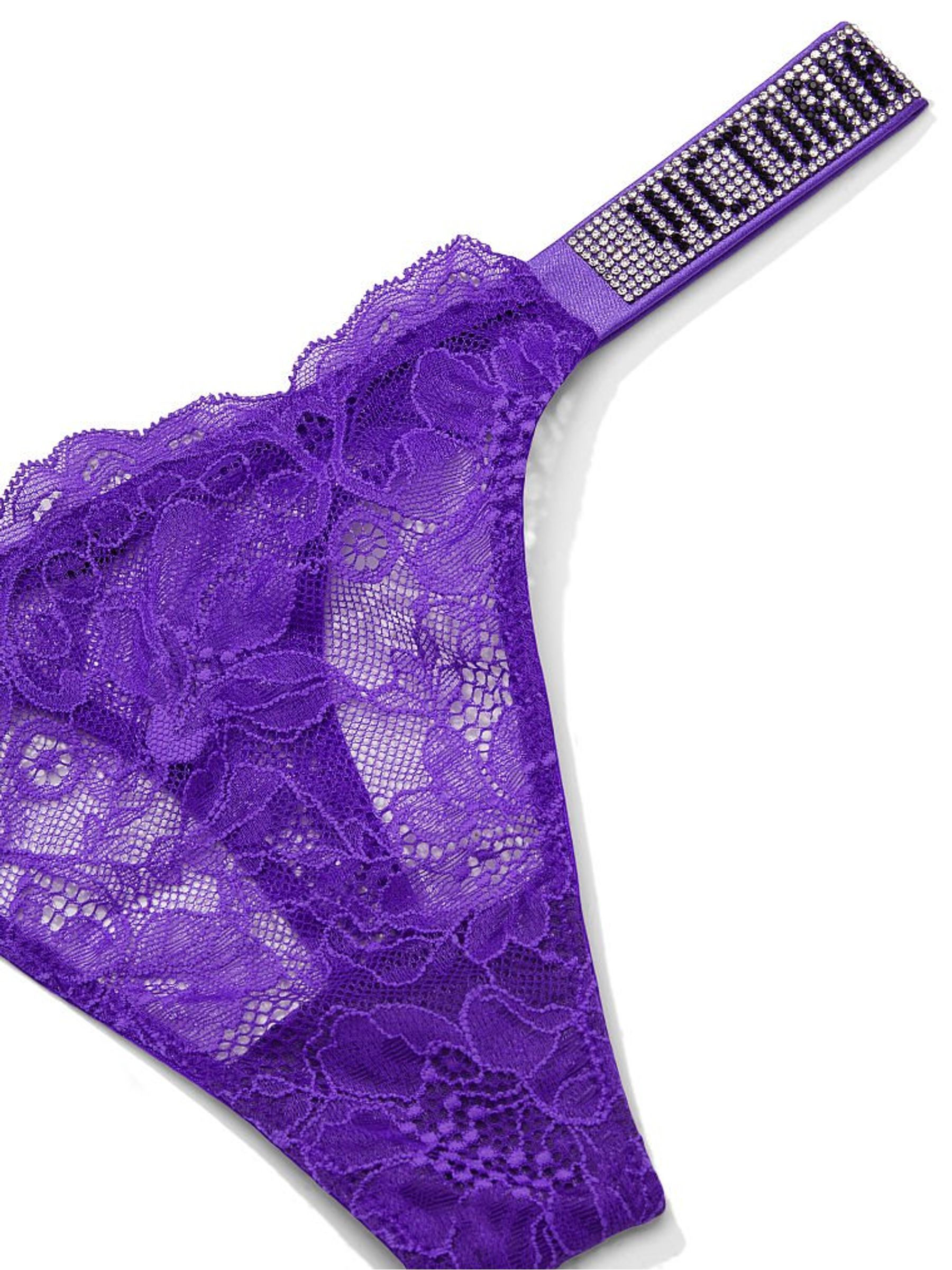 Bright Violet Purple Lace Shine Strap Thong Panty - Image 4 of 4