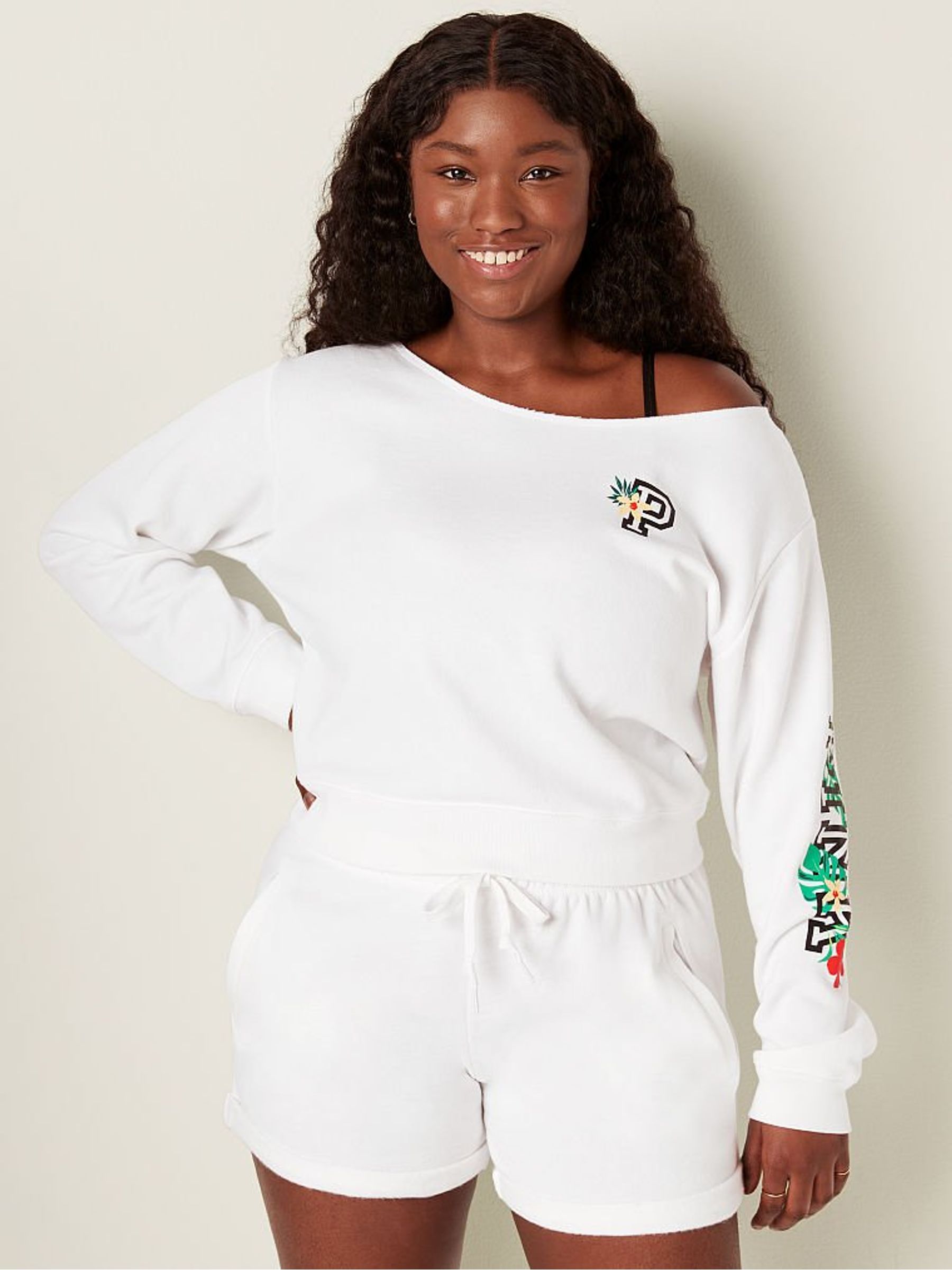 Optic White Tropical Logo Everyday Lounge Off The Shoulder Sweatshirt - Image 1 of 4