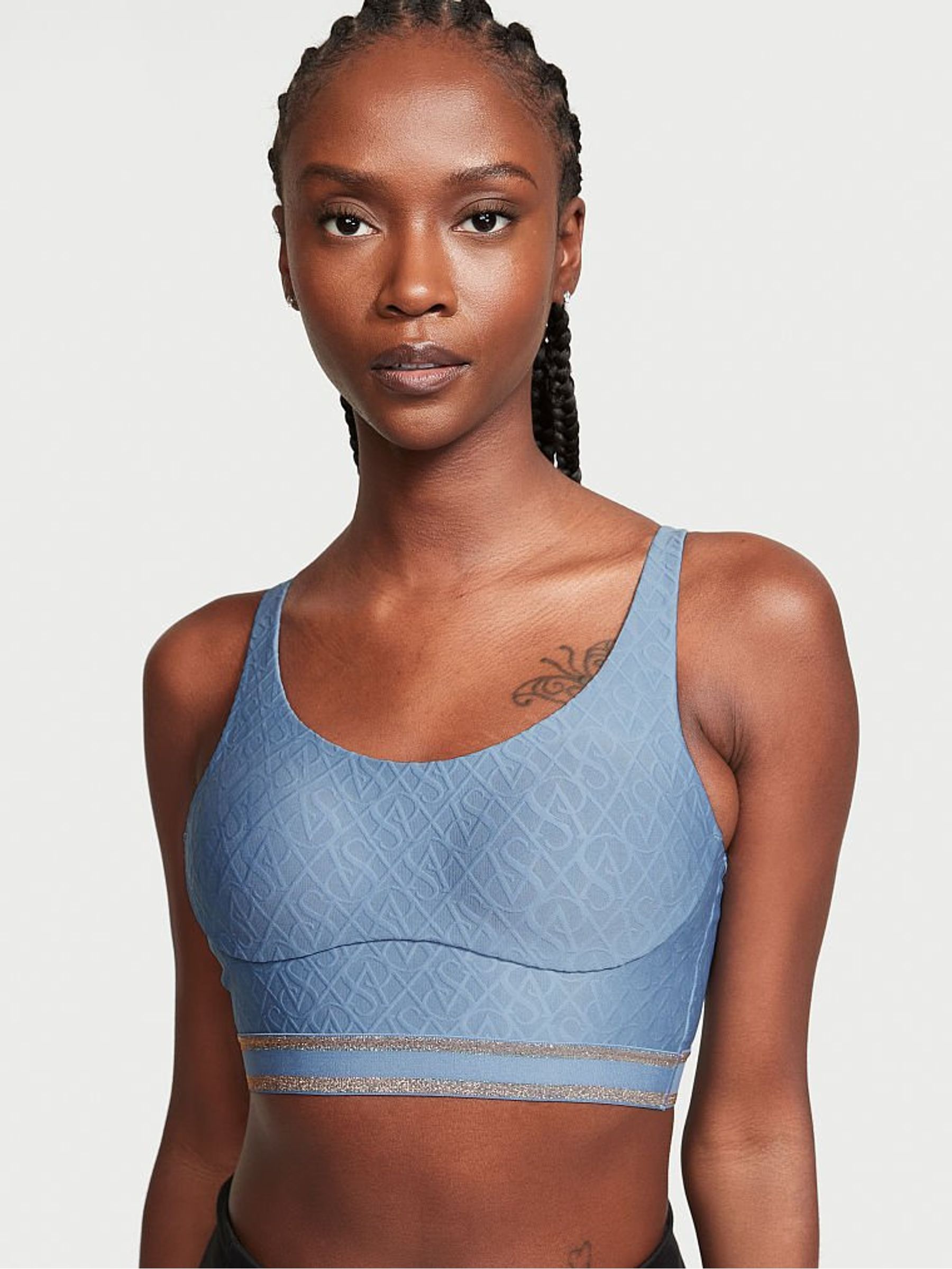 Faded Denim Blue Smooth Strappy Back Non Wired Medium Impact Sports Bra - Image 1 of 4