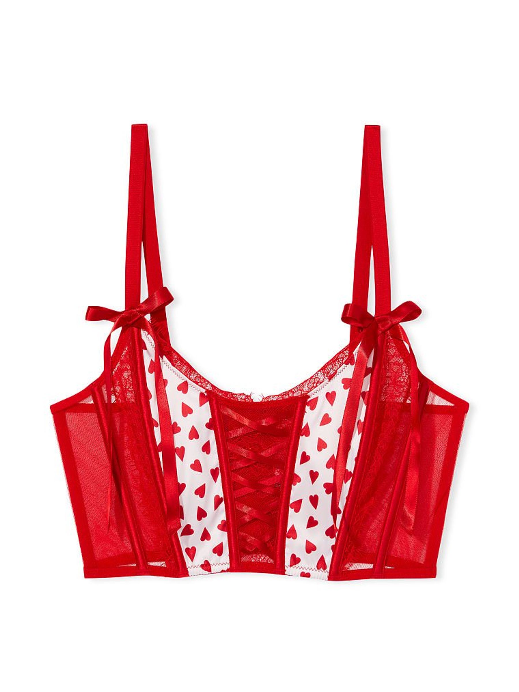Red Unlined Lace Up Heart Print Corset Bra Top | Victoria's Secret UK