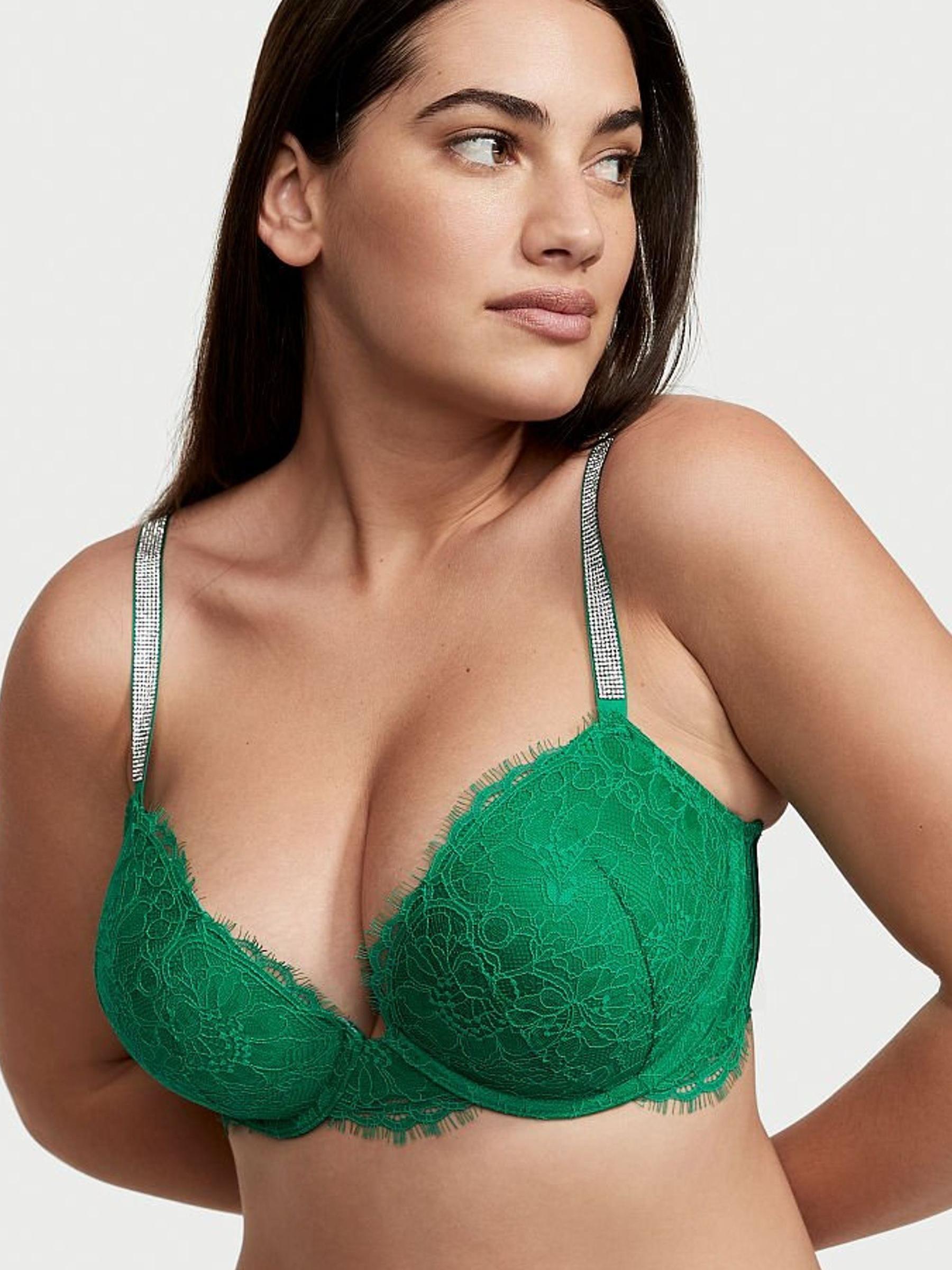 Lucky Clover Green Lace Shine Strap Plunge Push Up Bra - Image 1 of 4