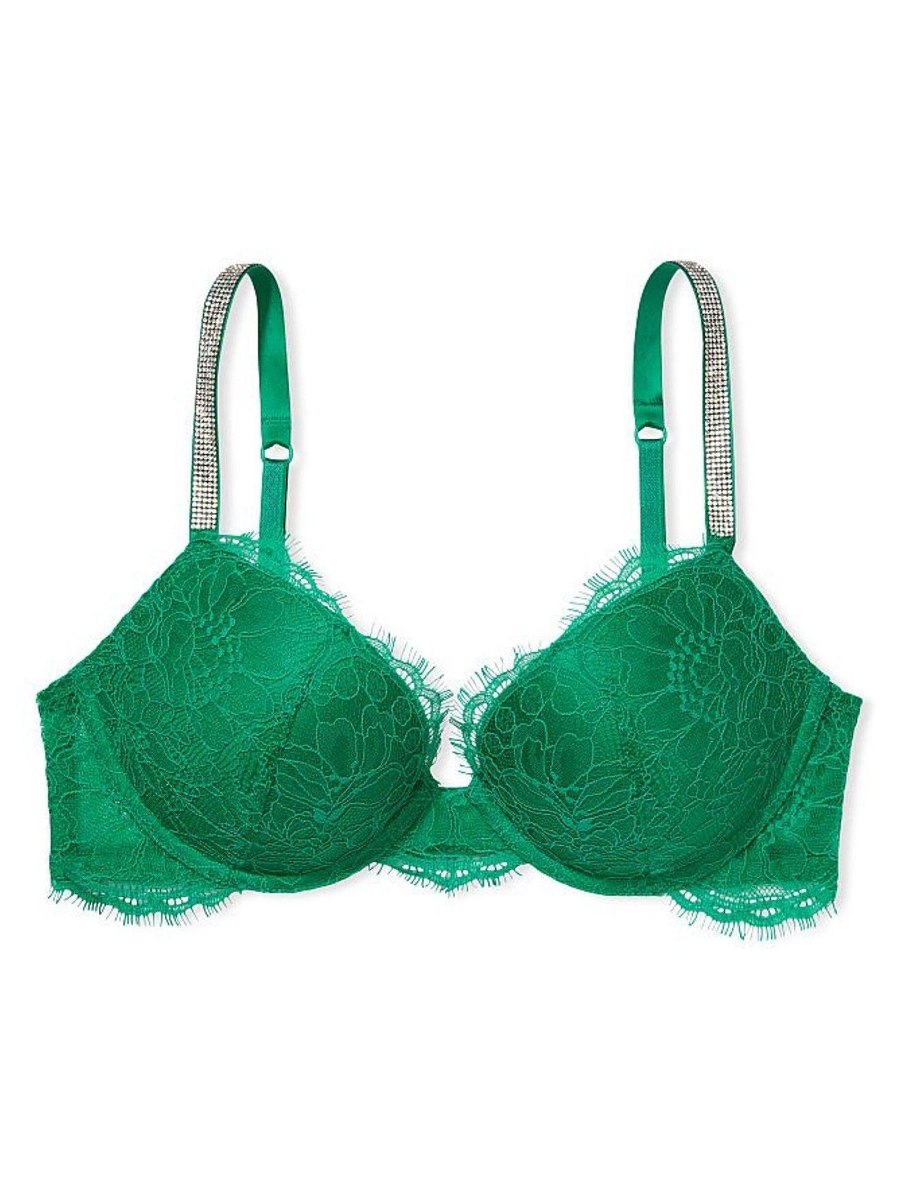 Lucky Clover Green Lace Shine Strap Plunge Push Up Bra - Image 3 of 4