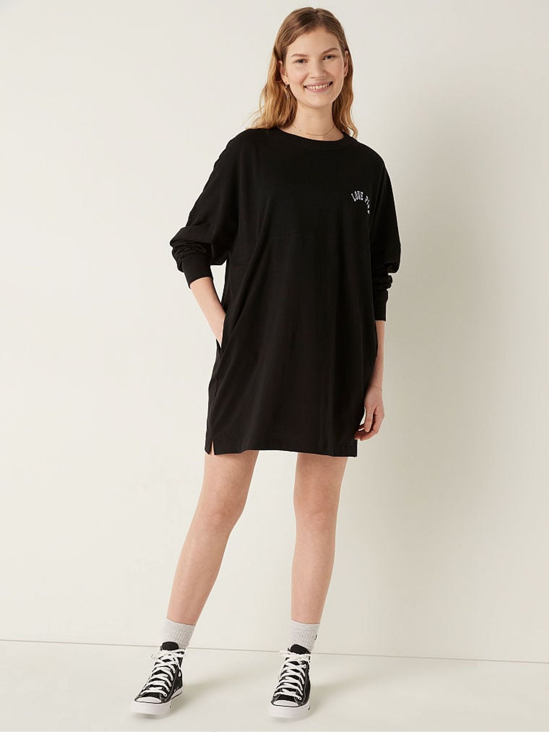 Black Varsity Long Sleeve Crew Dress - Image 1 of 1