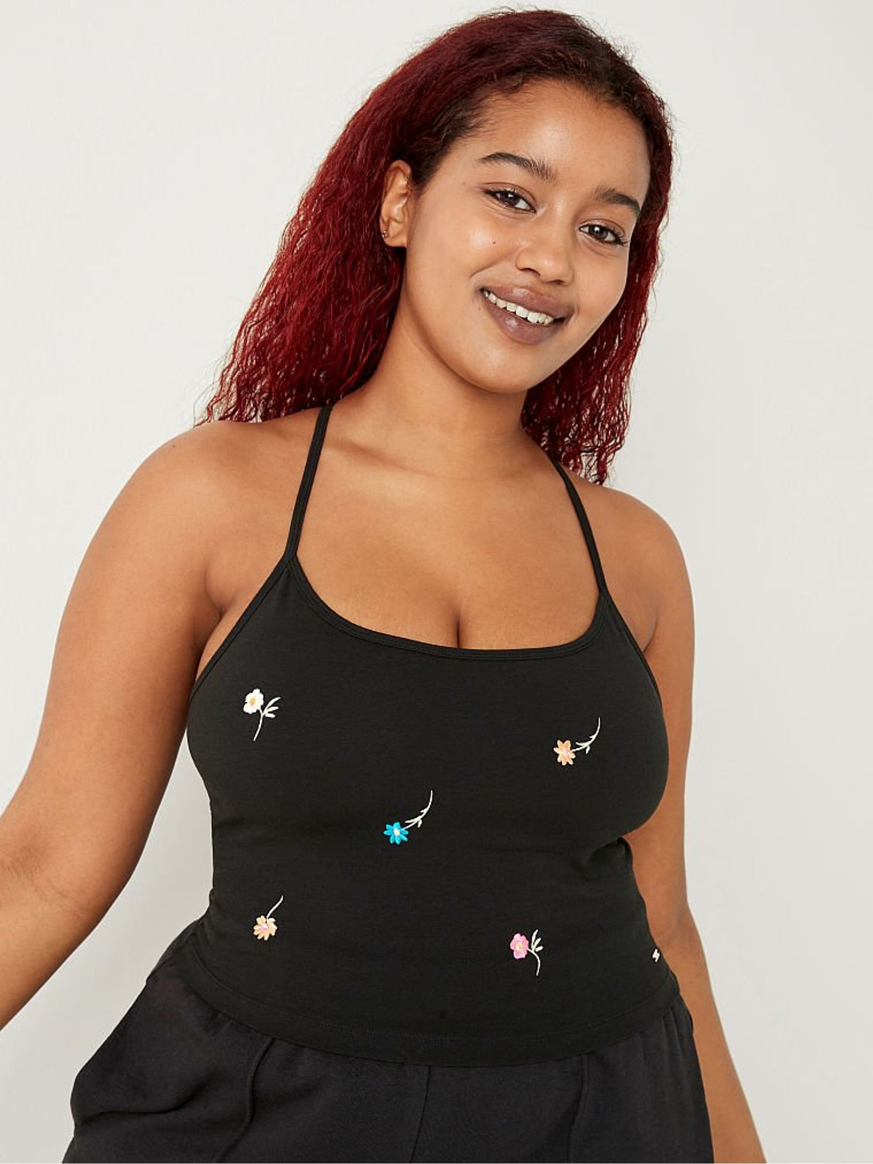 Pure Black Flowers Shrunken Crop Shelf Cami - Image 1 of 4 Pure Black Flowers Shrunken Crop Shelf Cami - Image 1 of 4