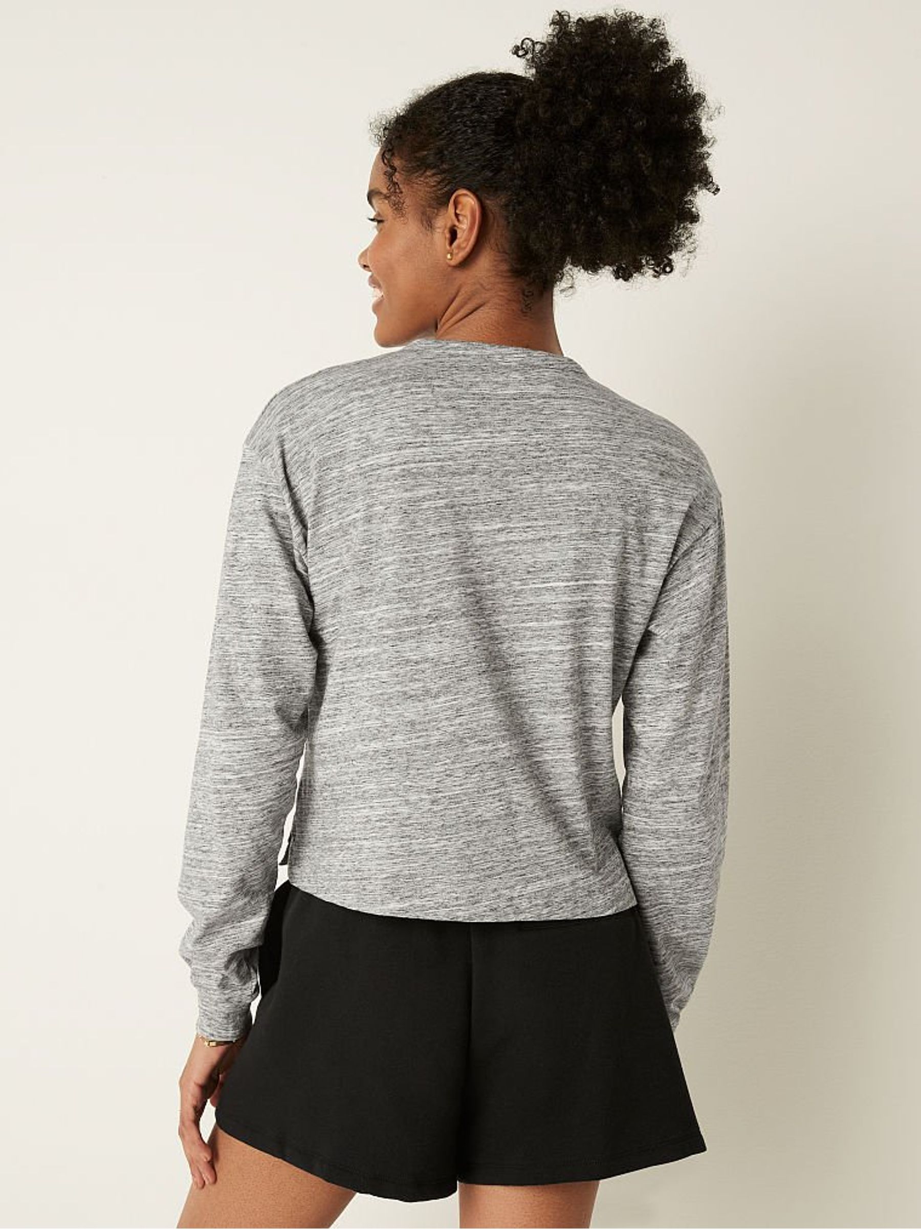 Heather White Tiger Campus Crop Long Sleeve Henley T-Shirt - Image 2 of 4 Heather White Tiger Campus Crop Long Sleeve Henley T-Shirt - Image 2 of 4