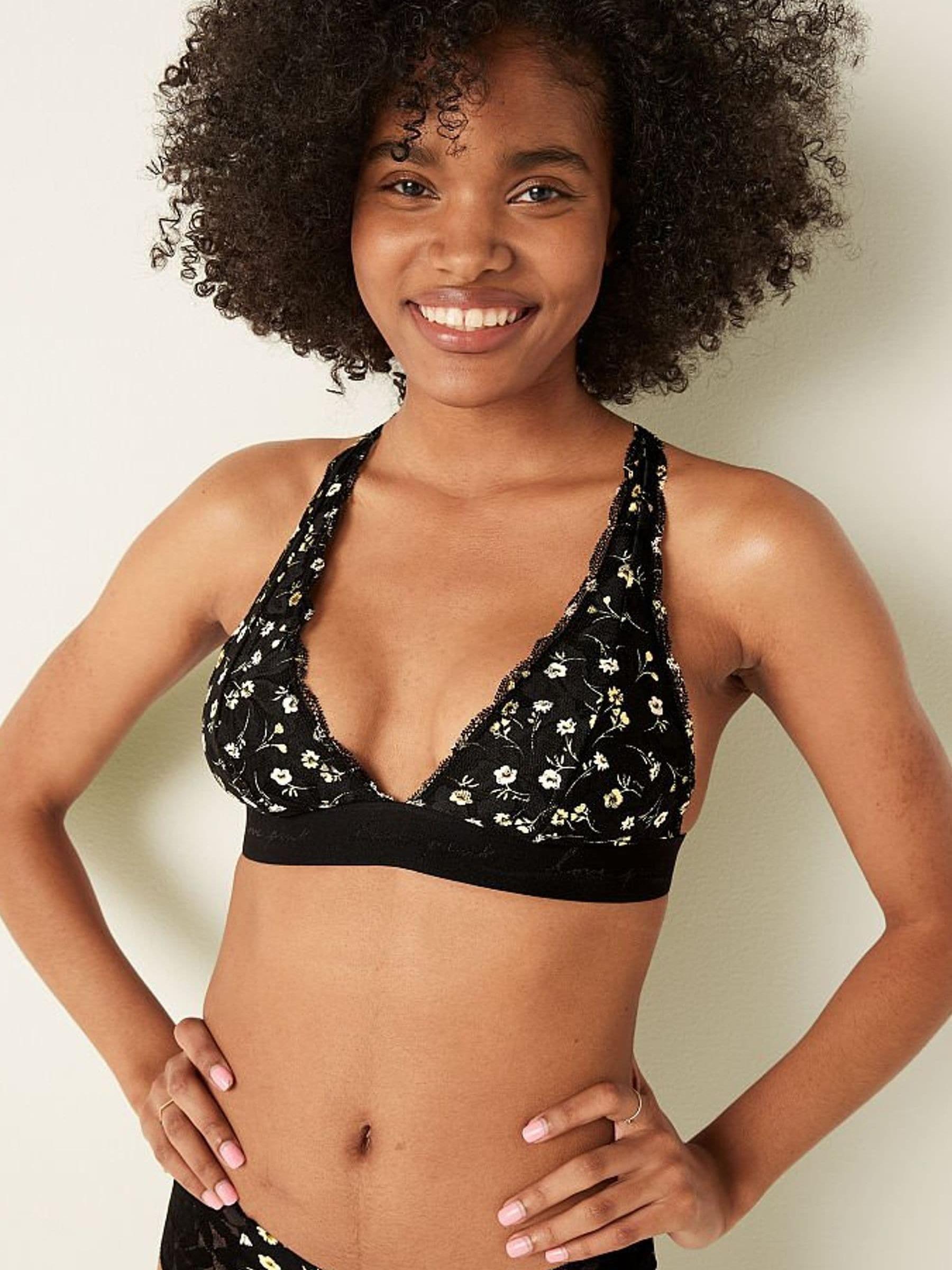 Pure Black Floral Lace Strappy Back Halterneck Bralette - Image 1 of 4