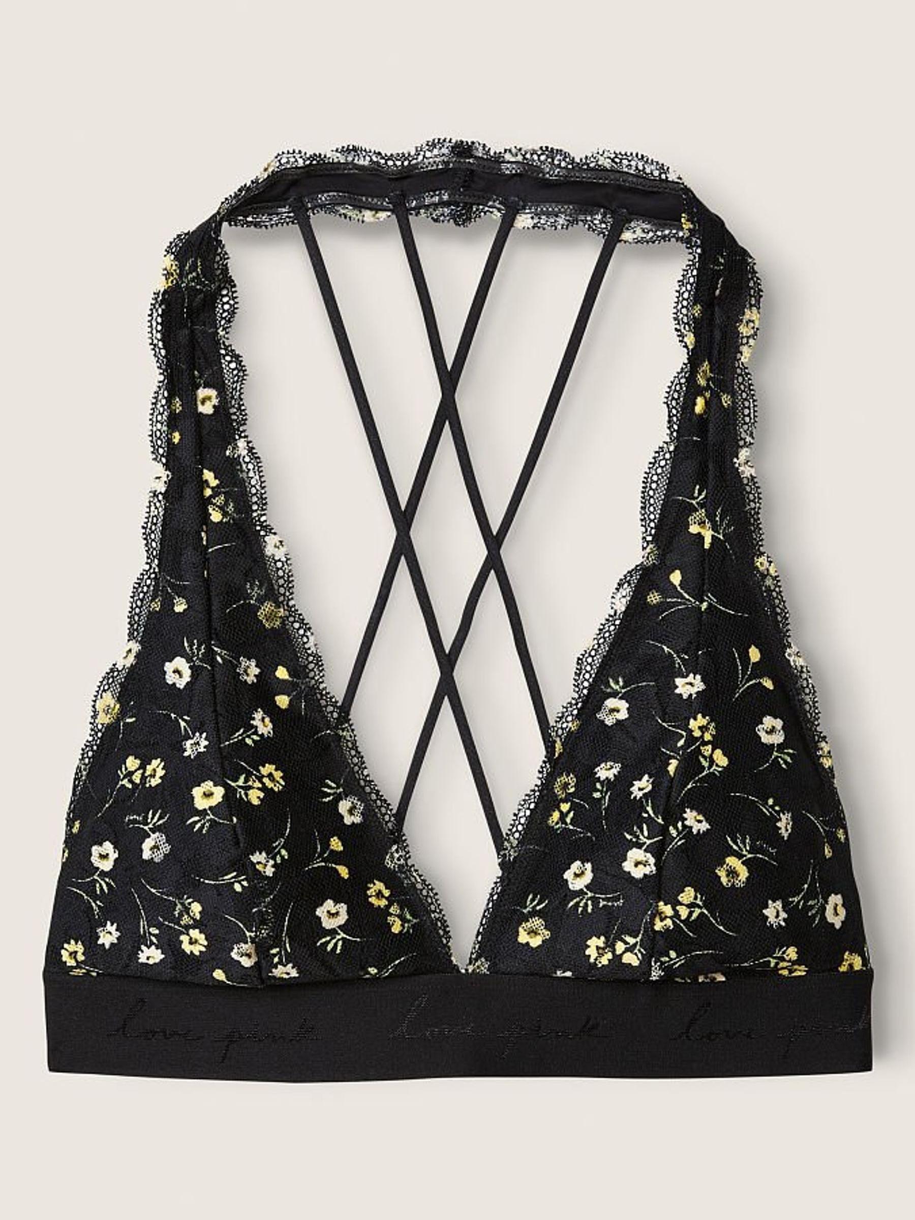Pure Black Floral Lace Strappy Back Halterneck Bralette - Image 3 of 4