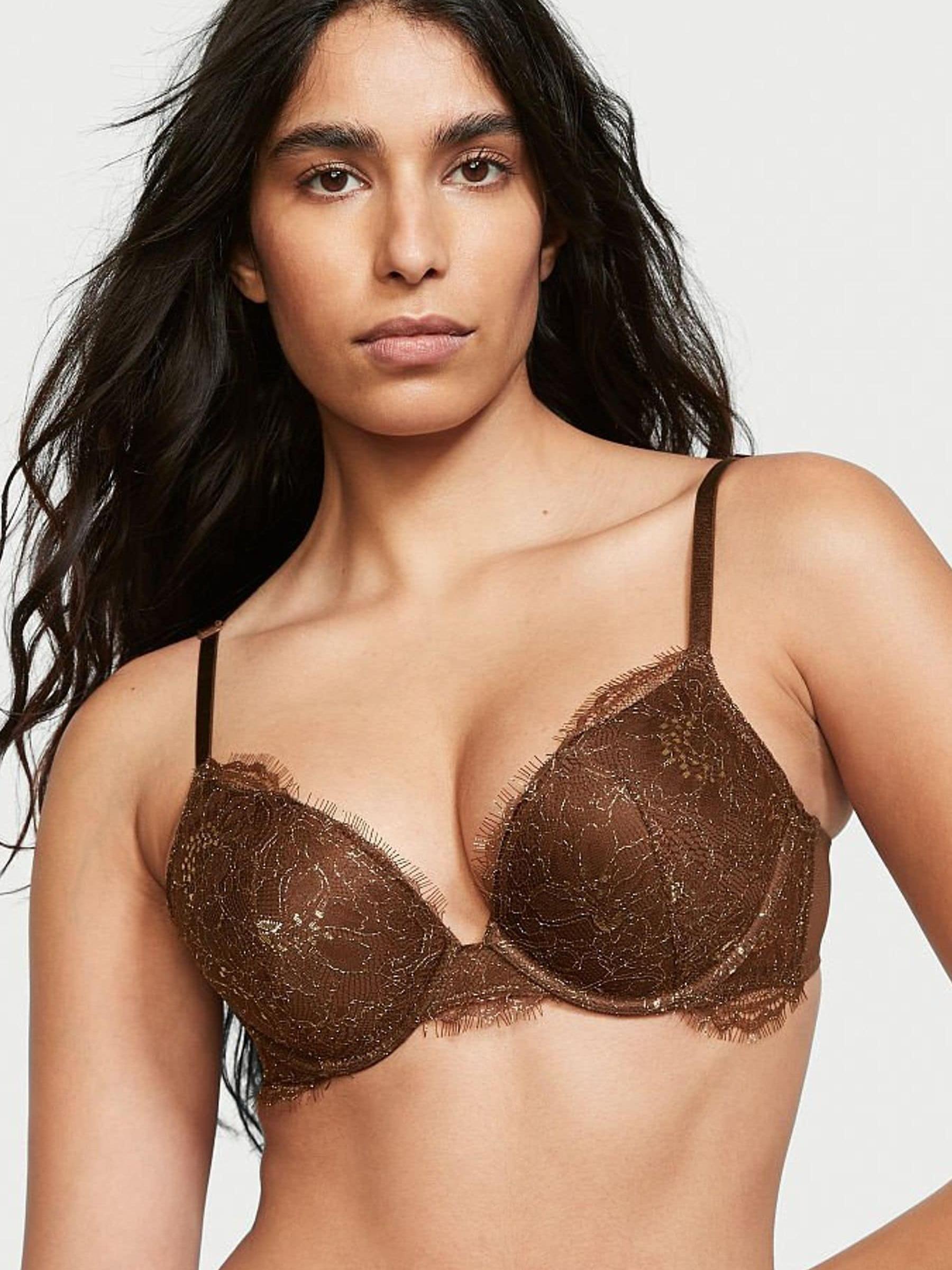 Dark Brown Lace Plunge Push Up Bra - Image 1 of 4