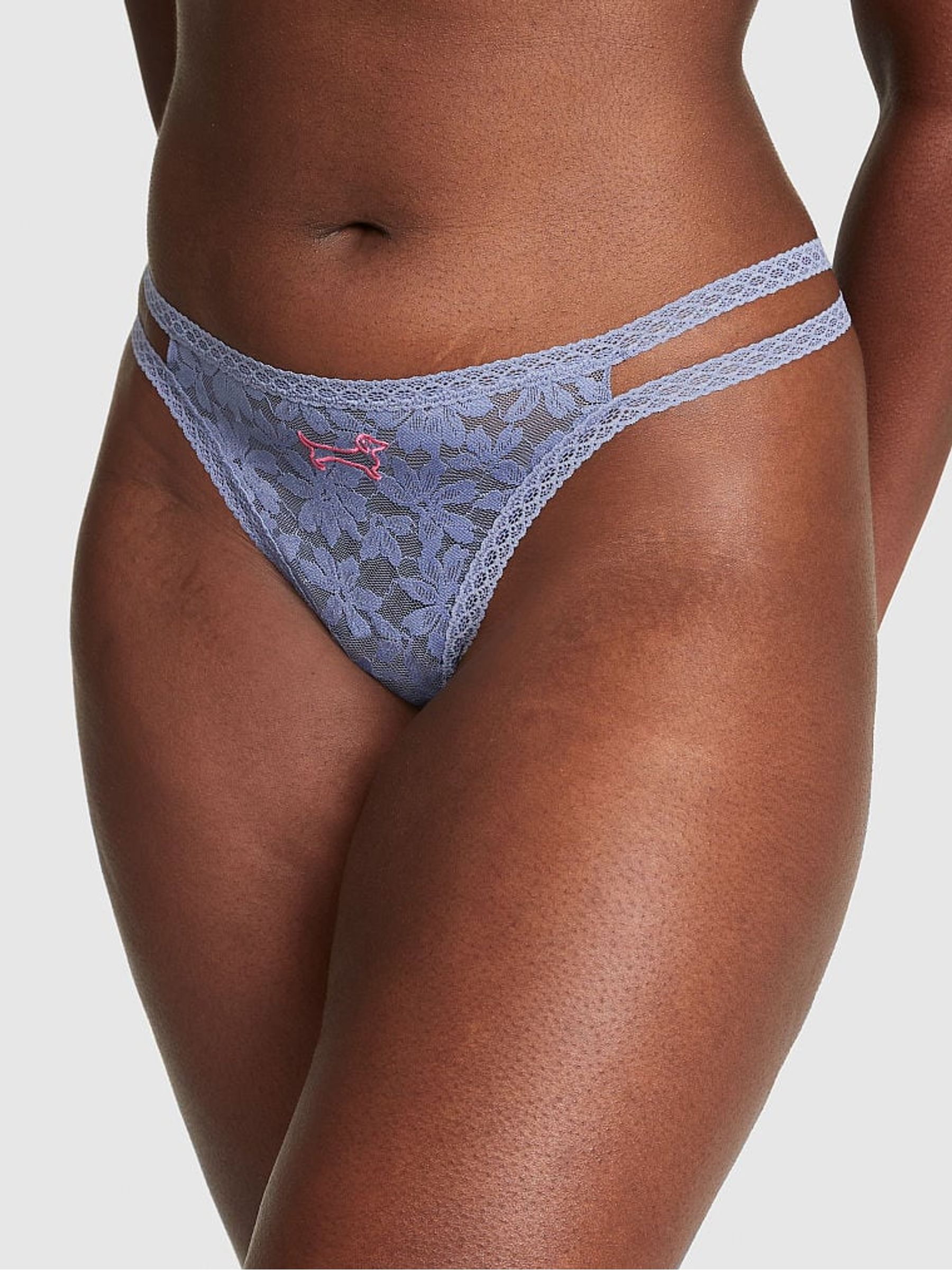 Dusty Iris Blue Dog Lace Strappy Thong Knickers - Image 1 of 3