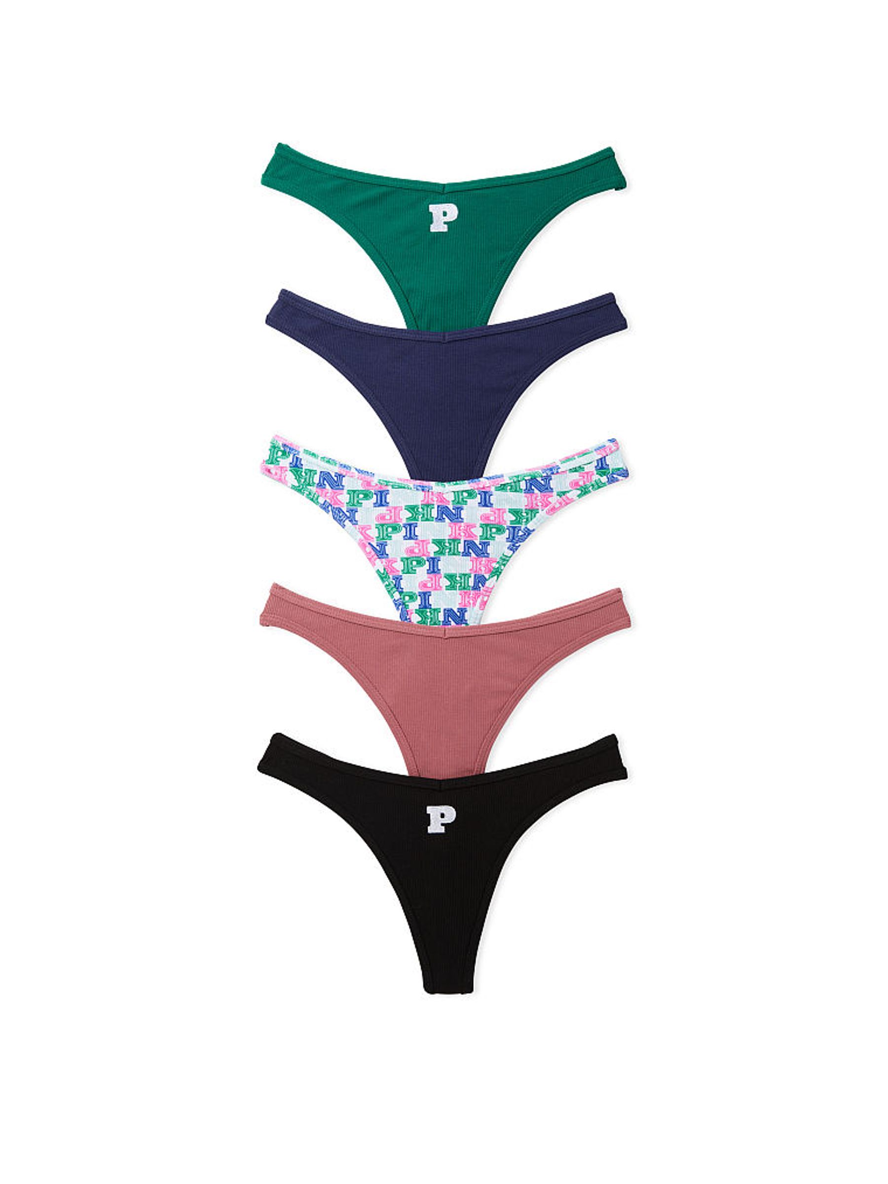 Green/Blue/Pink/Black Thong Cotton 5 Pack Knickers - Image 1 of 1
