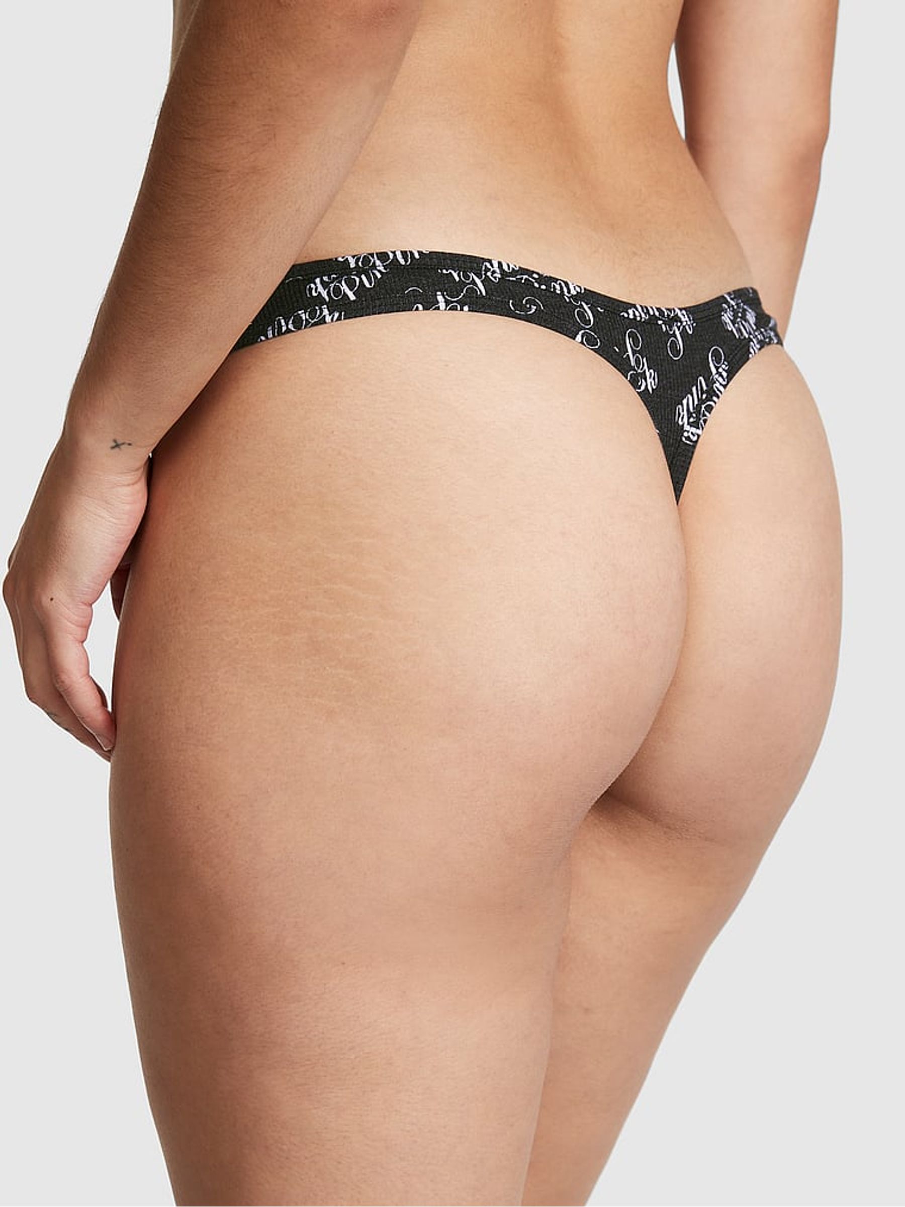 Pure Black Script Print Rib Cotton Thong Knickers - Image 1 of 4