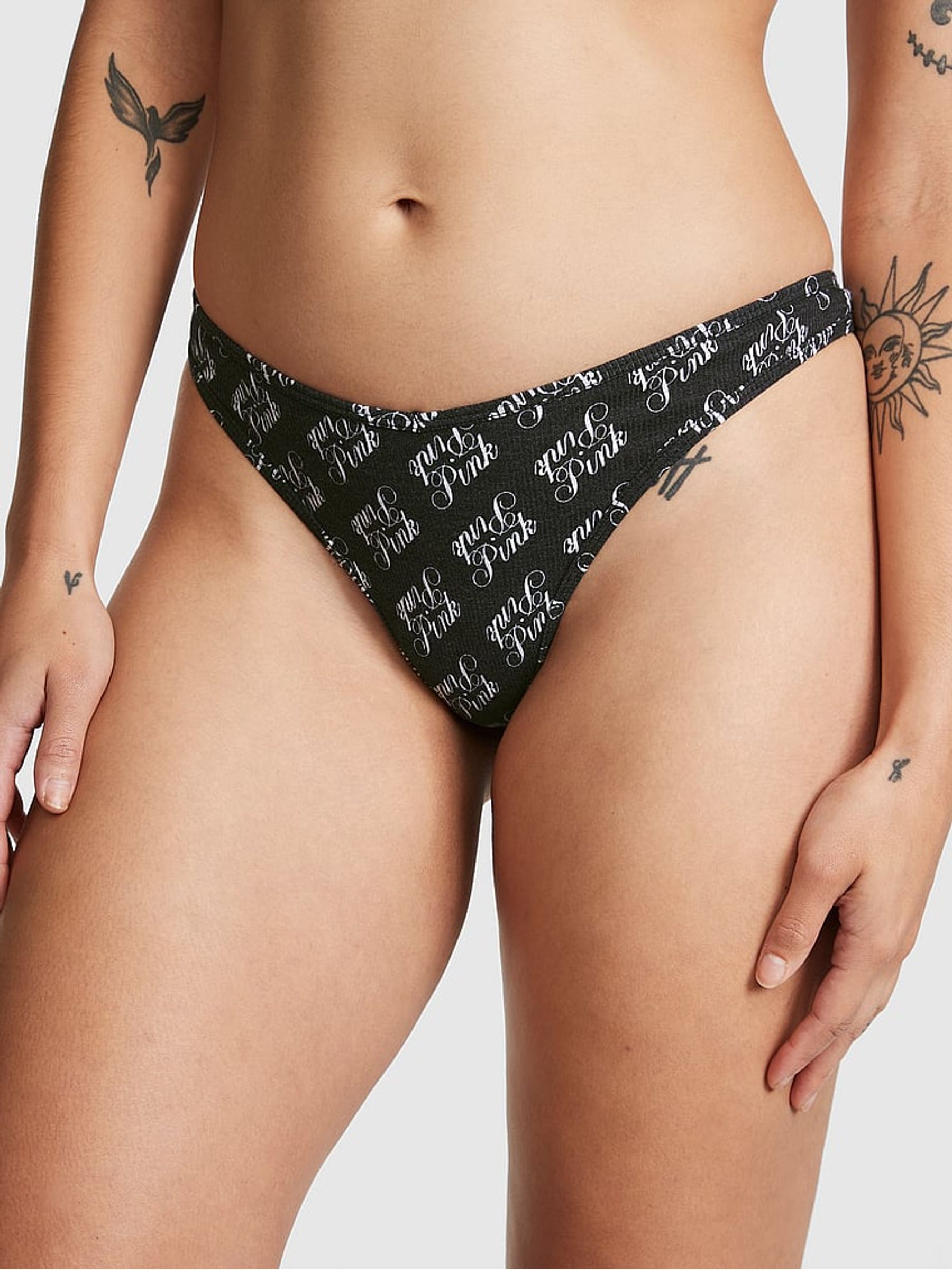 Pure Black Script Print Rib Cotton Thong Knickers - Image 2 of 4